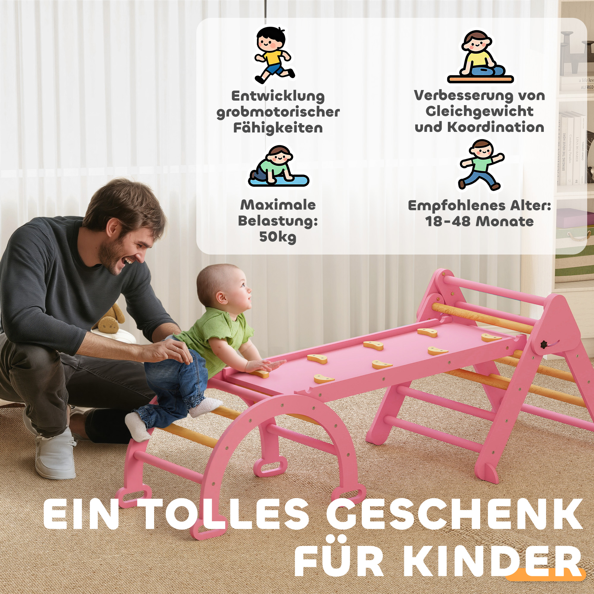 Klettergerüst Indoor, 7 in 1 klappbar Kletterdreieck mit Rutsche, Kletterbogen