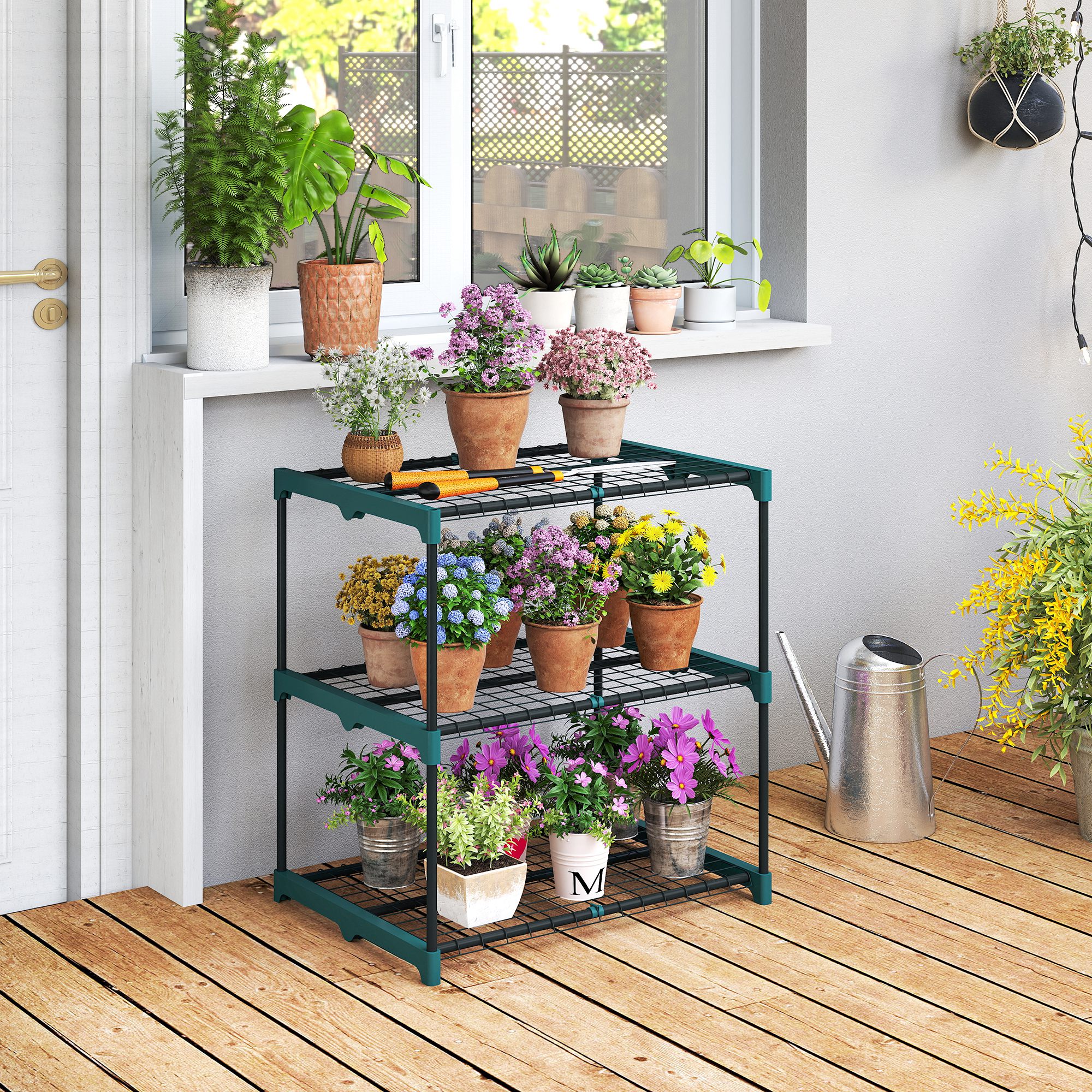 3-Etagen Pflanzenständer, 72 cm hoch Blumenständer für Innen Außen, Pflanzenregal aus Stahl Dunkelgrün