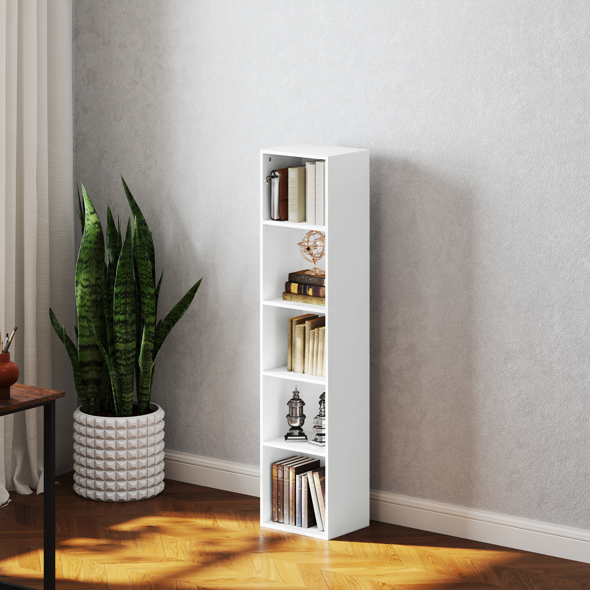 Bücherregal, 5 Fächer, verstellbare Regale, Holz, 30 x 24 x 133,5 cm, Weiß