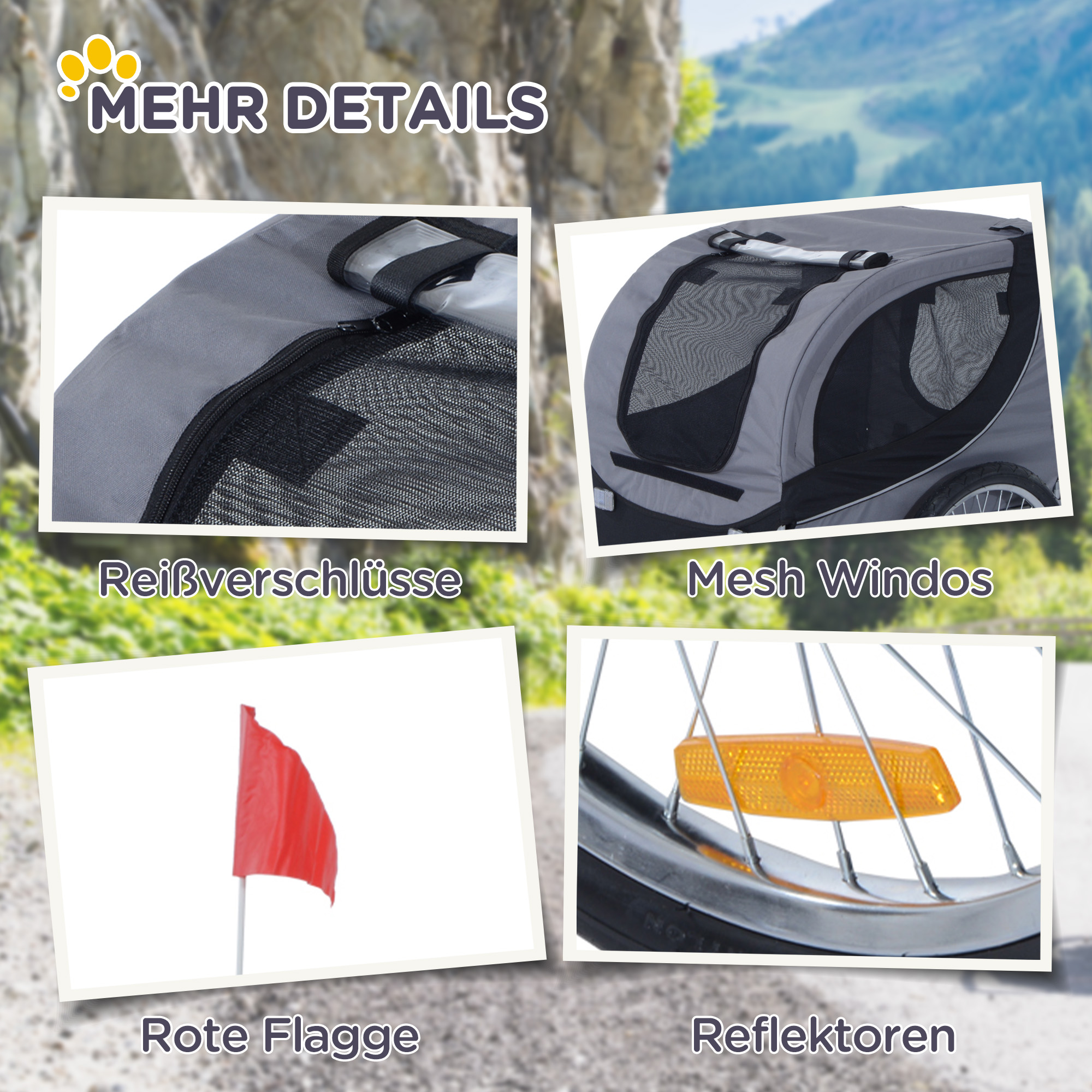 Hundeanhänger Fahrradanhänger bis 20kg klappbar mit Universalkupplung Reflektoren Flagge lagerbar Stahl+Polyster Grau+Schwarz 130 x 73 x 90cm
