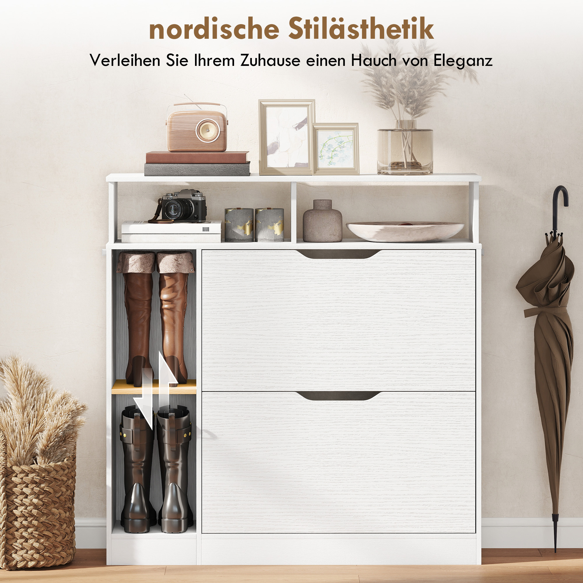 Schuhschrank mit 2 Klappen Schuhkipper mit Verstellbar Trennwand, offenem Fach für 12 Paar Schuhe 89 x 25 x 92 cm Weiß
