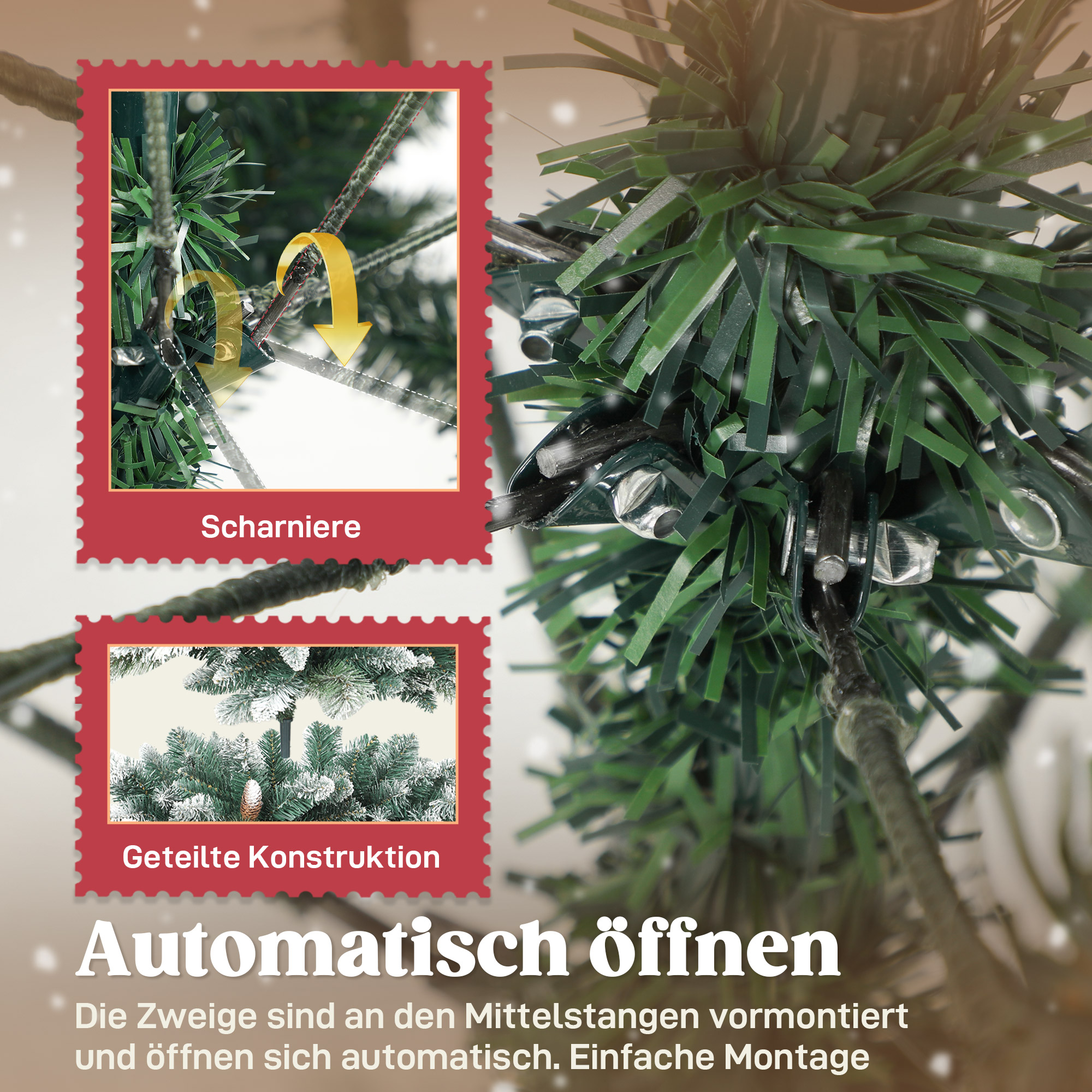 Künstlicher Weihnachtsbaum 180 cm künstlich Tannenbaum mit Schnee, 1000 Spitzen 34 Tannenzapfen Breite Basis