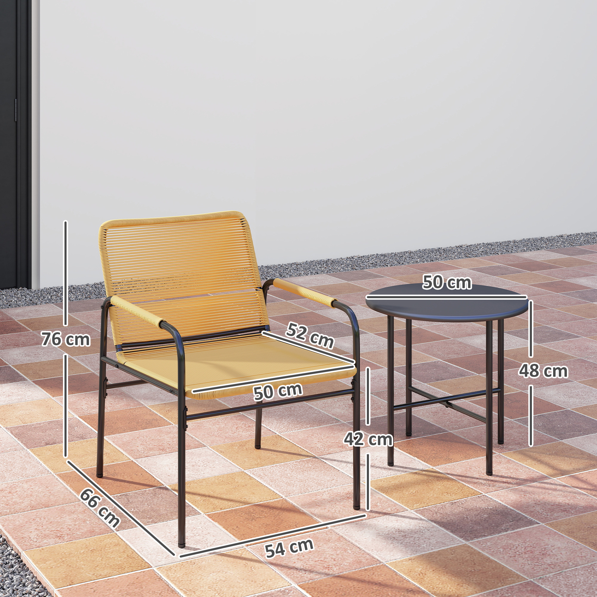 3-tlg. Rattan Bistroset, Sitzgruppe, Gartengarnitur mit 2 Gartensesseln, Couchtisch 54 x 66 x 76 cm Gelb