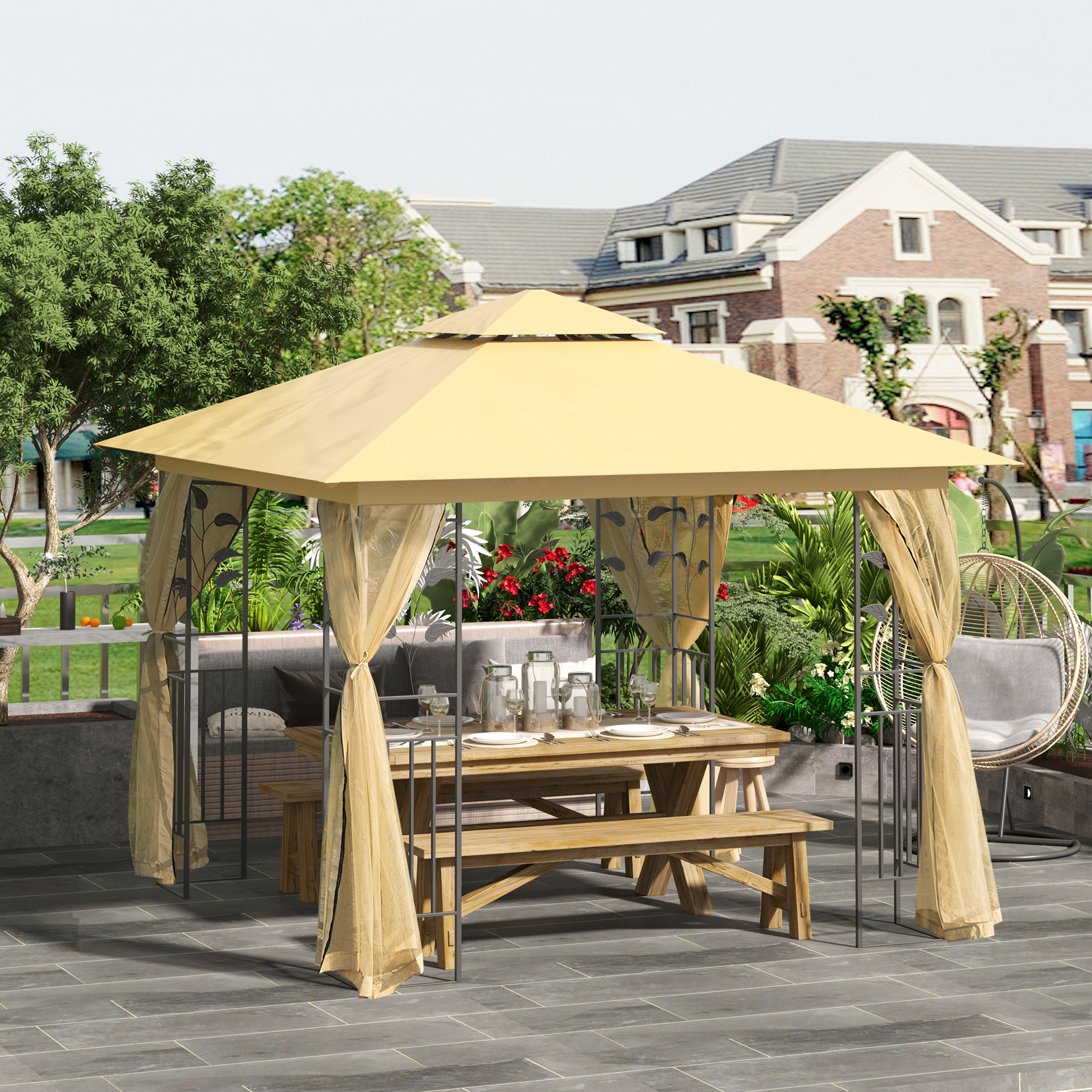Luxus Pavillon 3x3 m Gartenpavillon mit Doppeldach Partyzelt mit Seitenteilen Festzelt Gartenzelt Pagode Beige