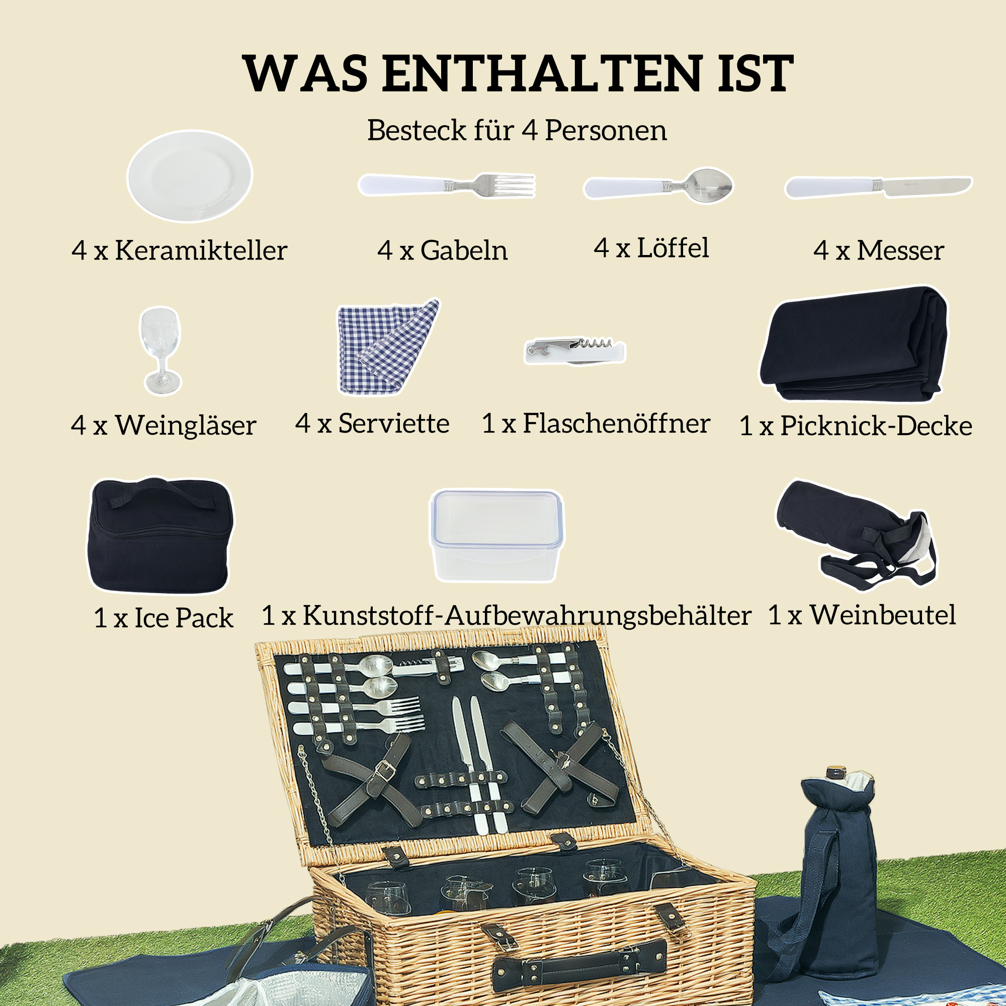 Picknickkorb aus Weidenholz Picknickkoffer für 4 Personen mit Isoliert Kühlfach Besteck Set Naturholz