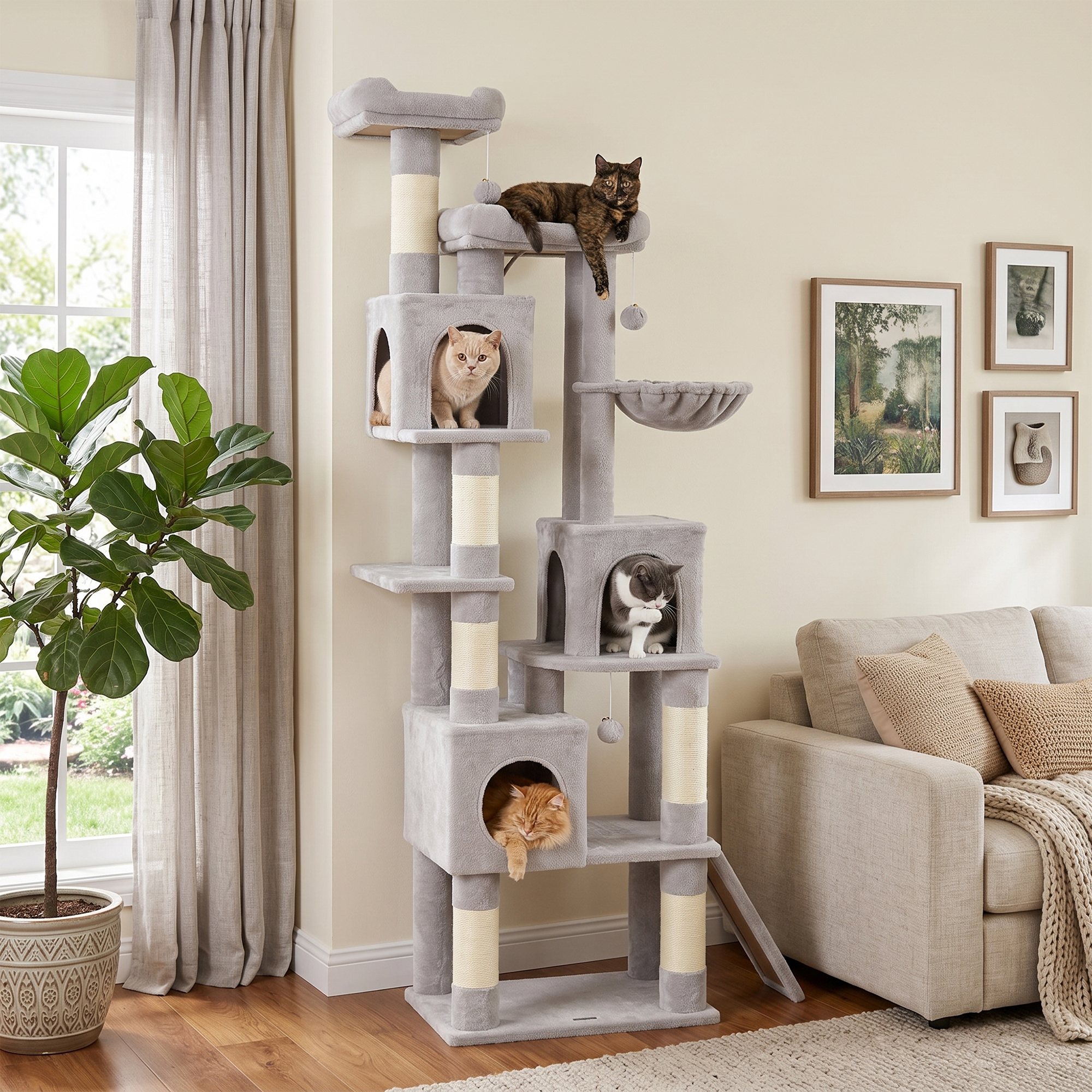 Kratzbaum groß, 200 cm hoch Katzenbaum mit 2 Betten, 3 Höhlen, Hängematte, 3 Bällen für 1-3 Katzen unter 6 kg, Hellgrau
