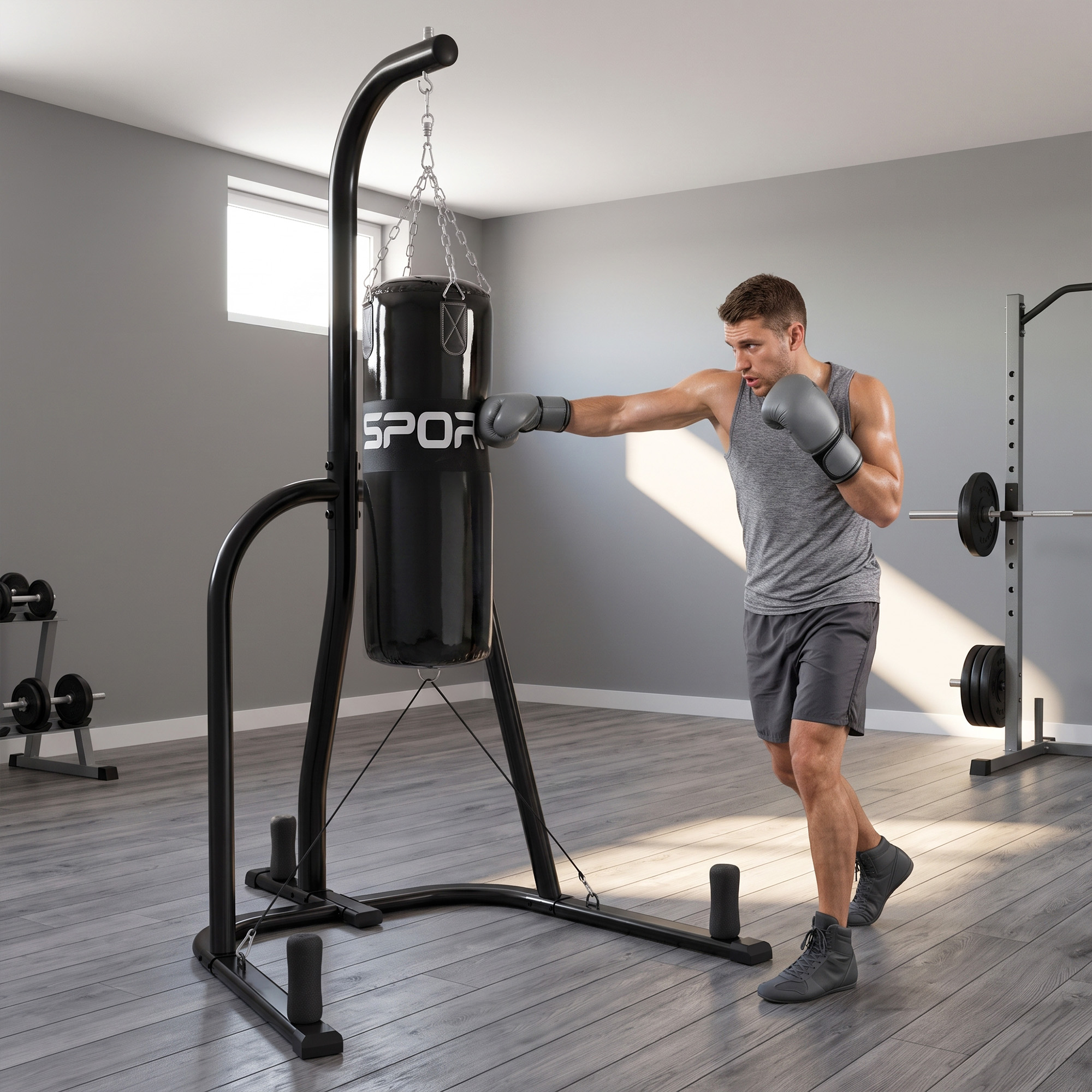 Boxsackständer Freistehender Boxsackhalter mit Boxsack Bungee-Seil 360° Kette U-basis Hantelscheibenhalterung Stahl