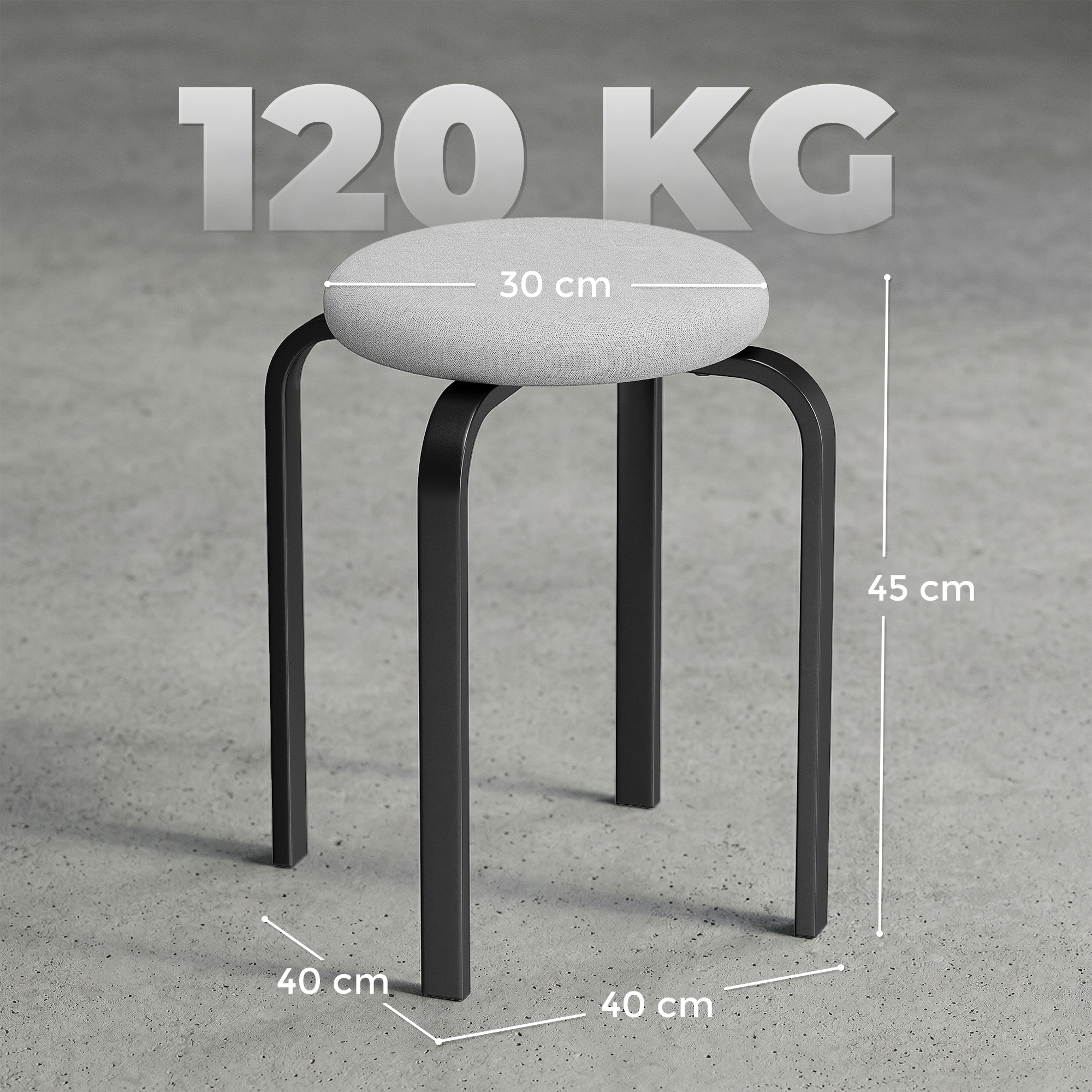 Stapelhocker Set mit 4 Stück, Moderne Gepolsterte Runde Hocker ohne Rückenlehne für Küche, Esszimmer, Grau