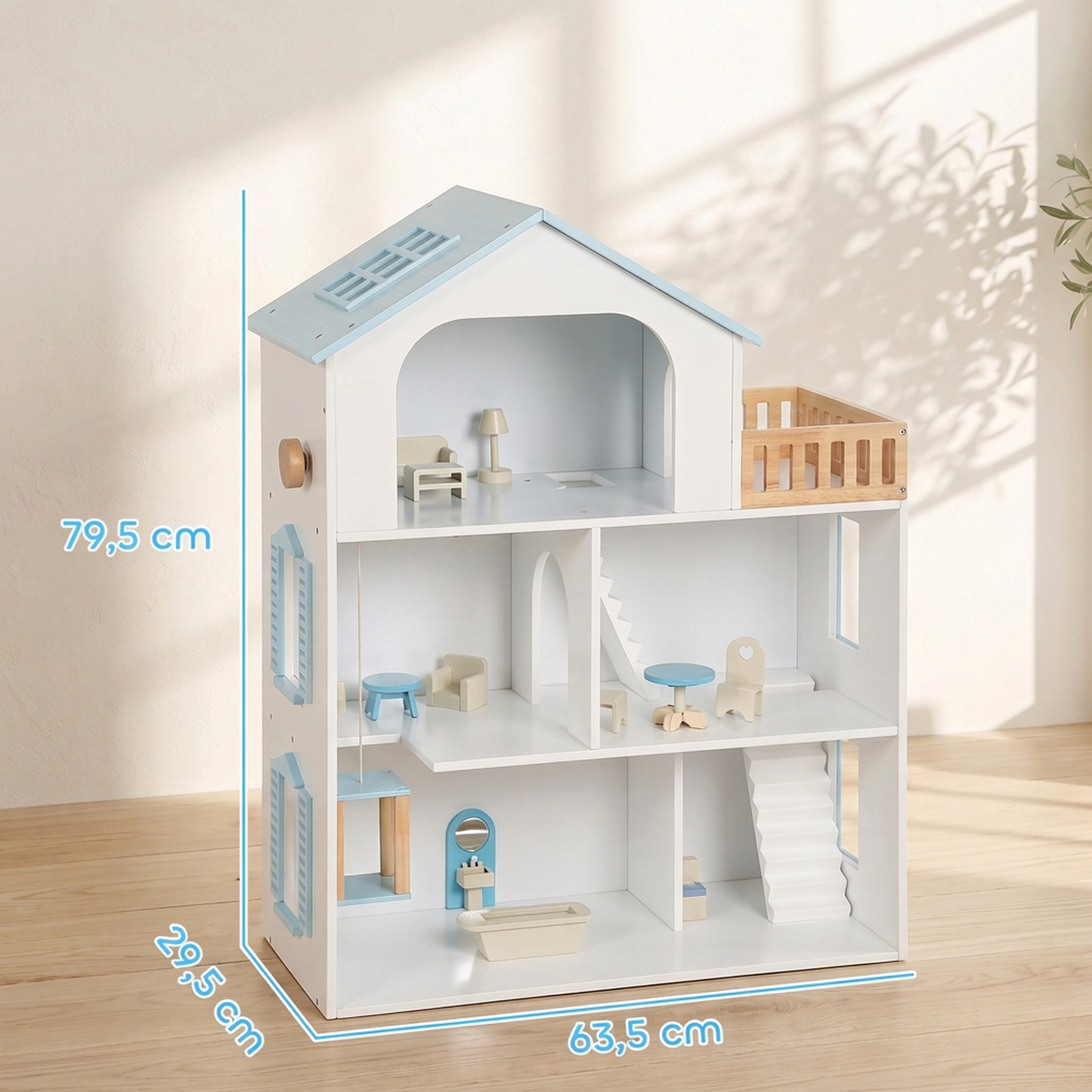 Puppenhaus 79,5 cm Hoch 3-stöckig mit Aufzug 13 Möbeln Balkon Groß Geschenk für Mädchen von 3-6 Jahren Blau