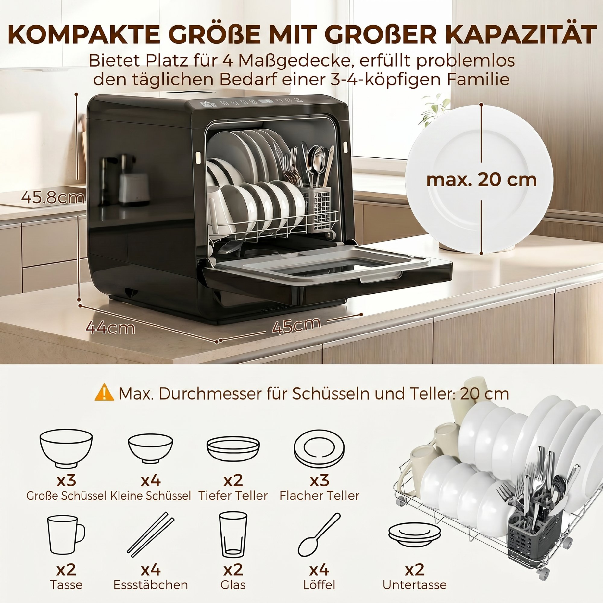 Tischgeschirrspüler, Mini-Geschirrspüler mit 6-Liter-Tank, 5 Programme, LED-Anzeige, Trocknungsfunktion, Schwarz