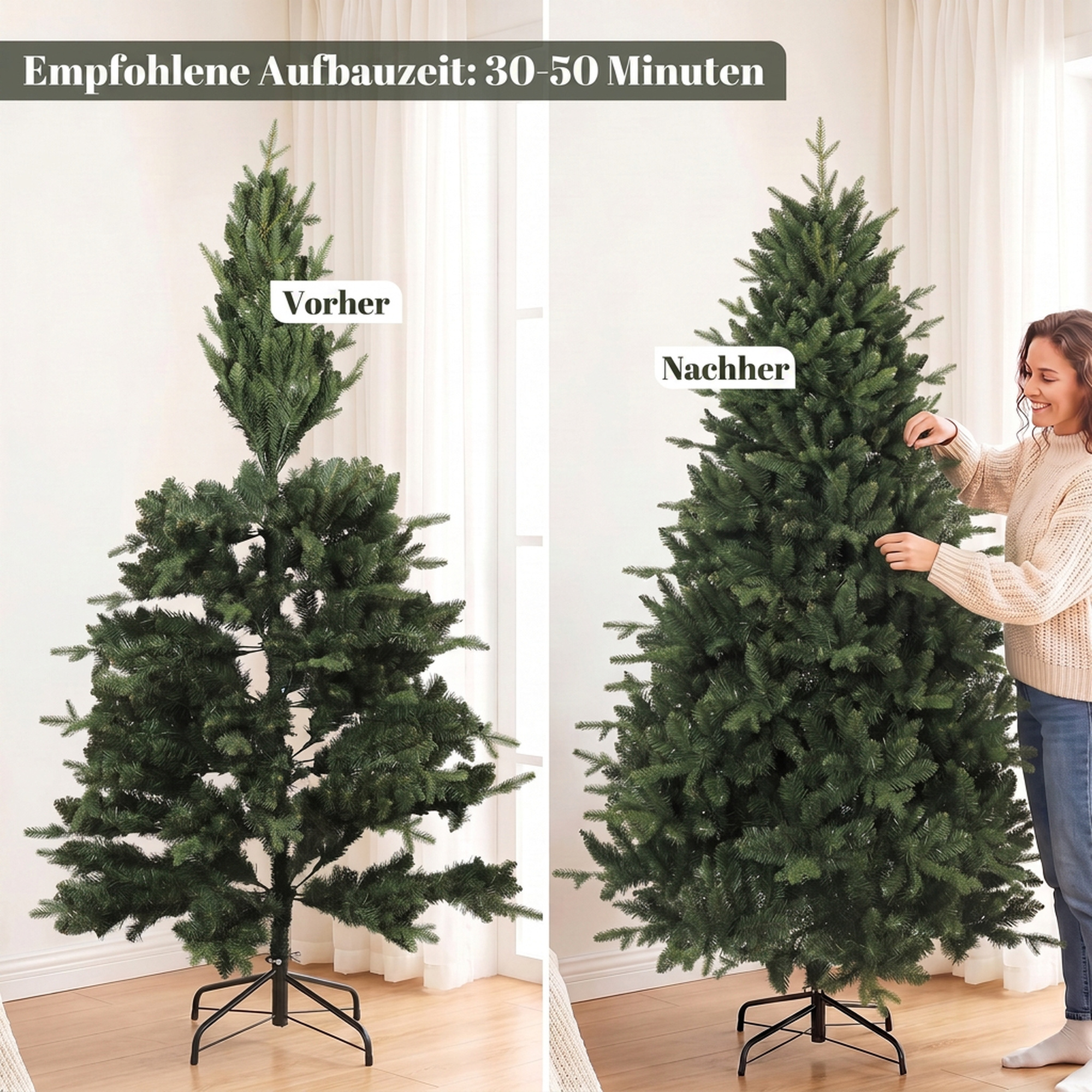 künstlicher Weihnachtsbaum wie echt Spritzguss Tannenbaum mit 1237 Spitzen und Metallständer 180 cm Grün