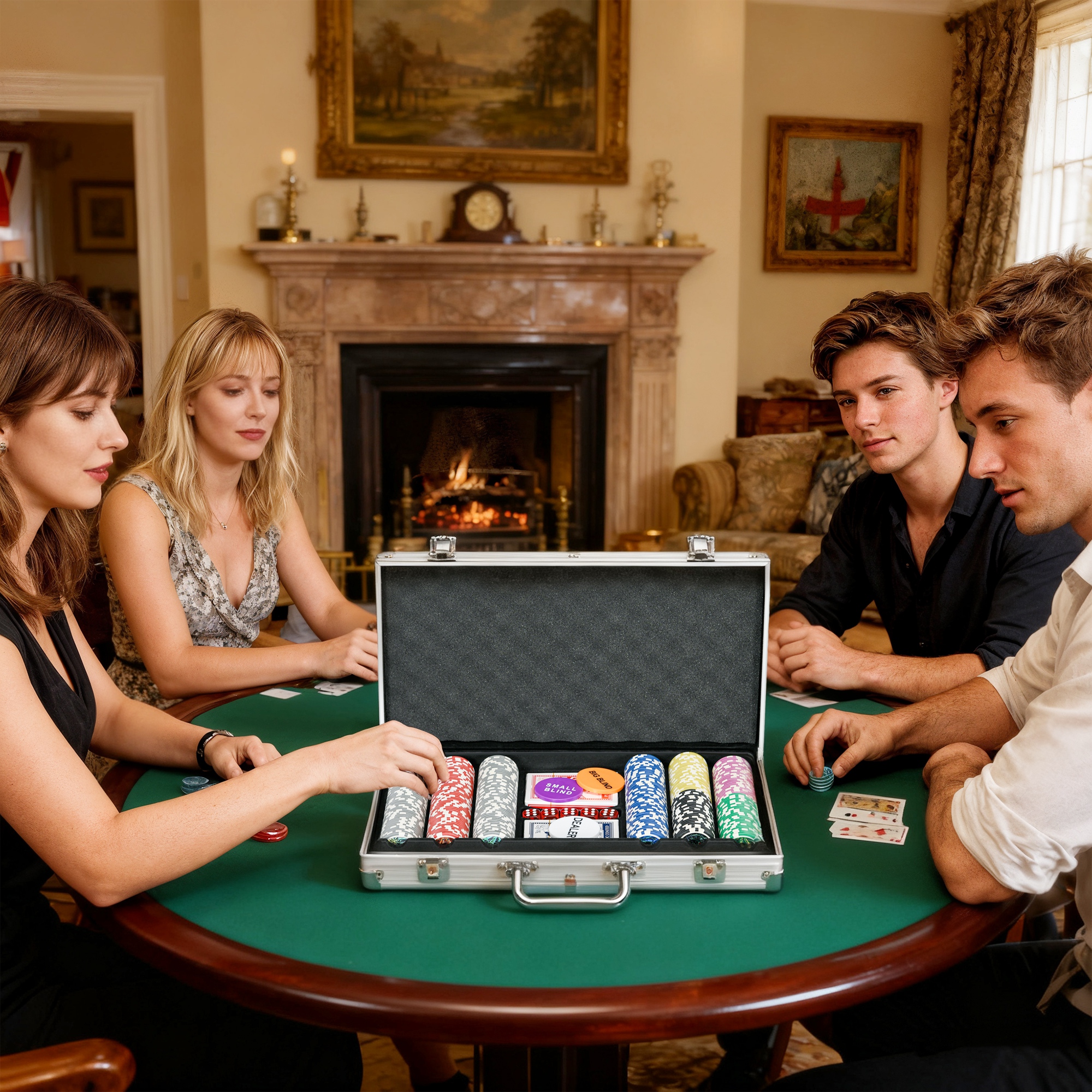 Casinozubehör und Chips Pokerset mit Chips Pokerchip-Koffer, inkl. Unterlage, Set mit 300 Chips, 2 Kartenspielen, 5 Würfeln