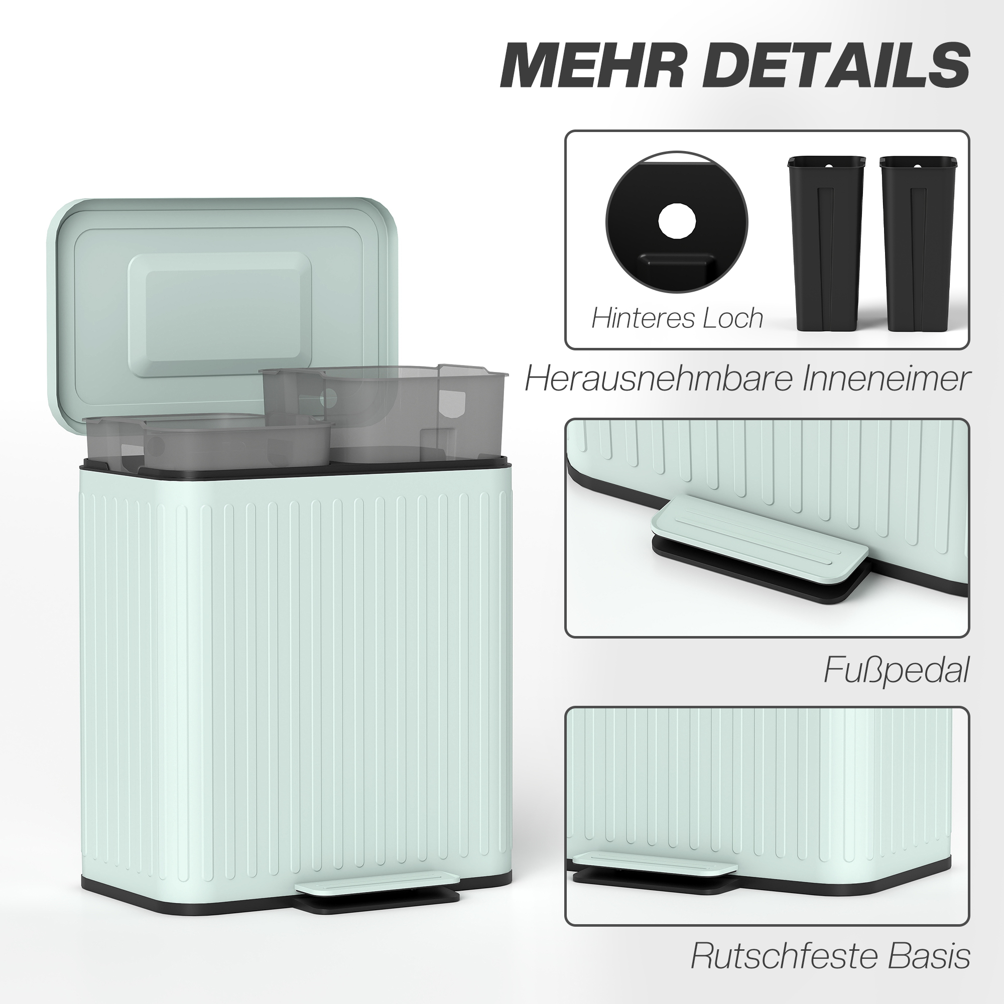 Küchenmülleimer, 2x 20l-Fächer, effiziente Mülltrennung, Fußpedal, Kunststoff, Metall, Grün