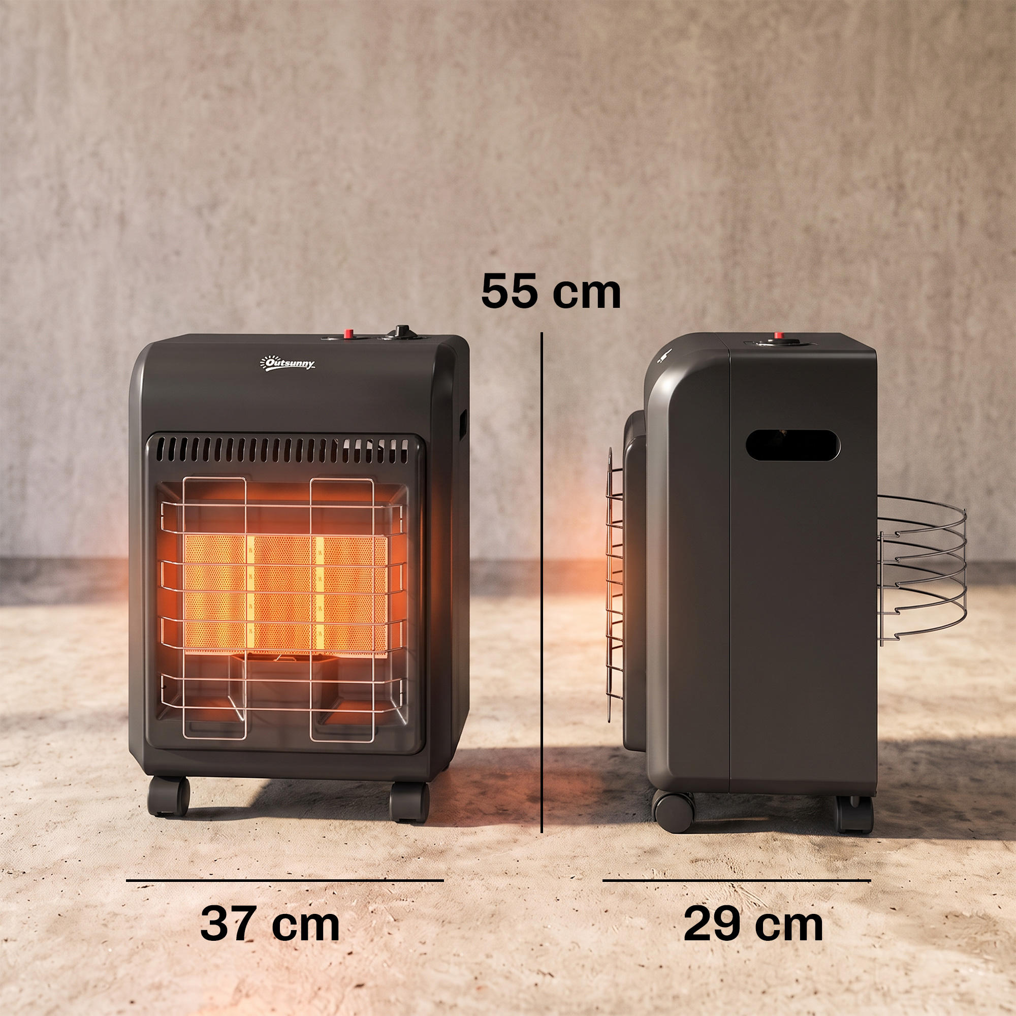 Gas Heizstrahler Outdoor 1,5-4,2 kW Terrassenheizer mit Rollen 3 Leistungsstufen 50 cm Schlauch Druckregler