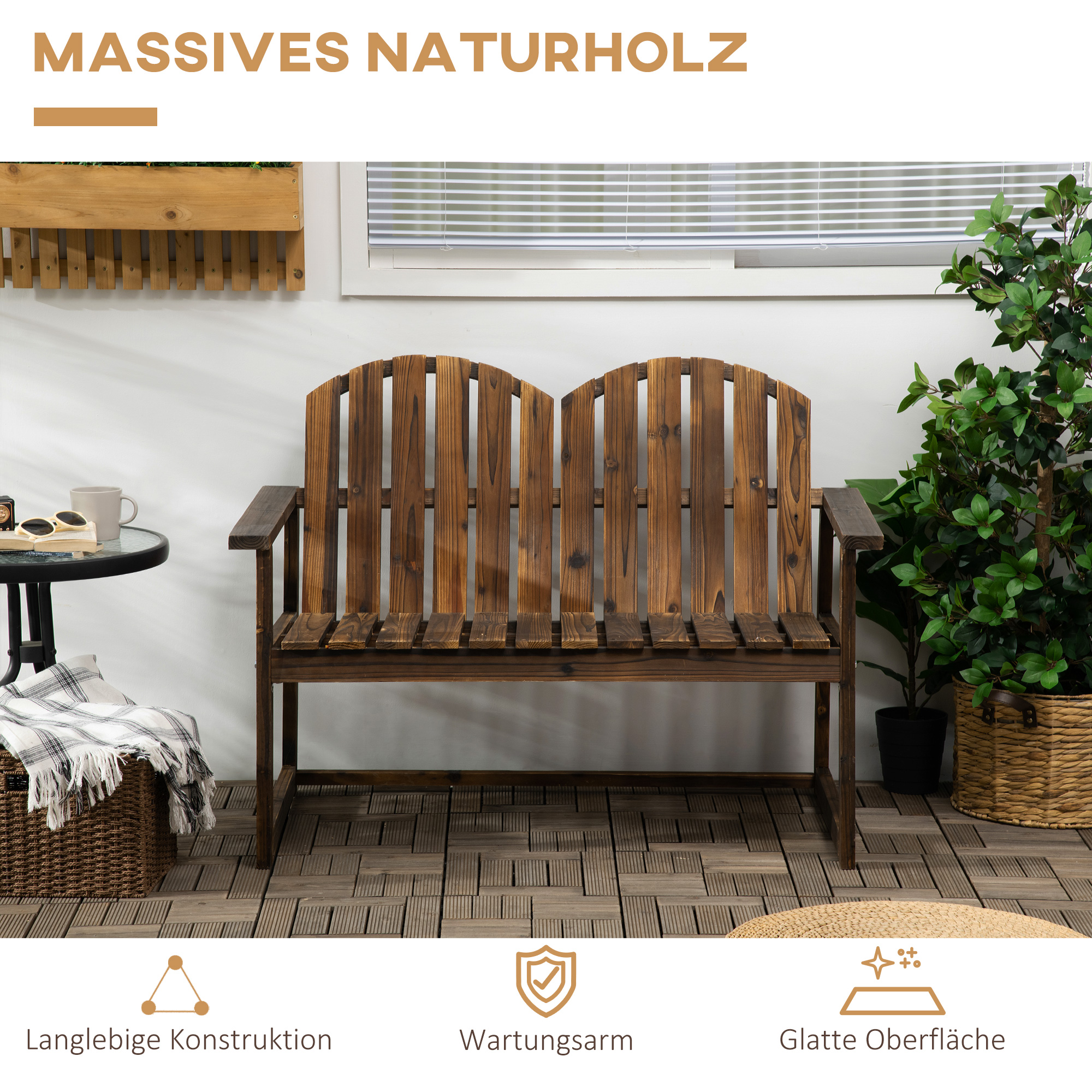 Gartenbank für 2 Personen, rustikales Design, Tannenholz, 114x63x86 cm