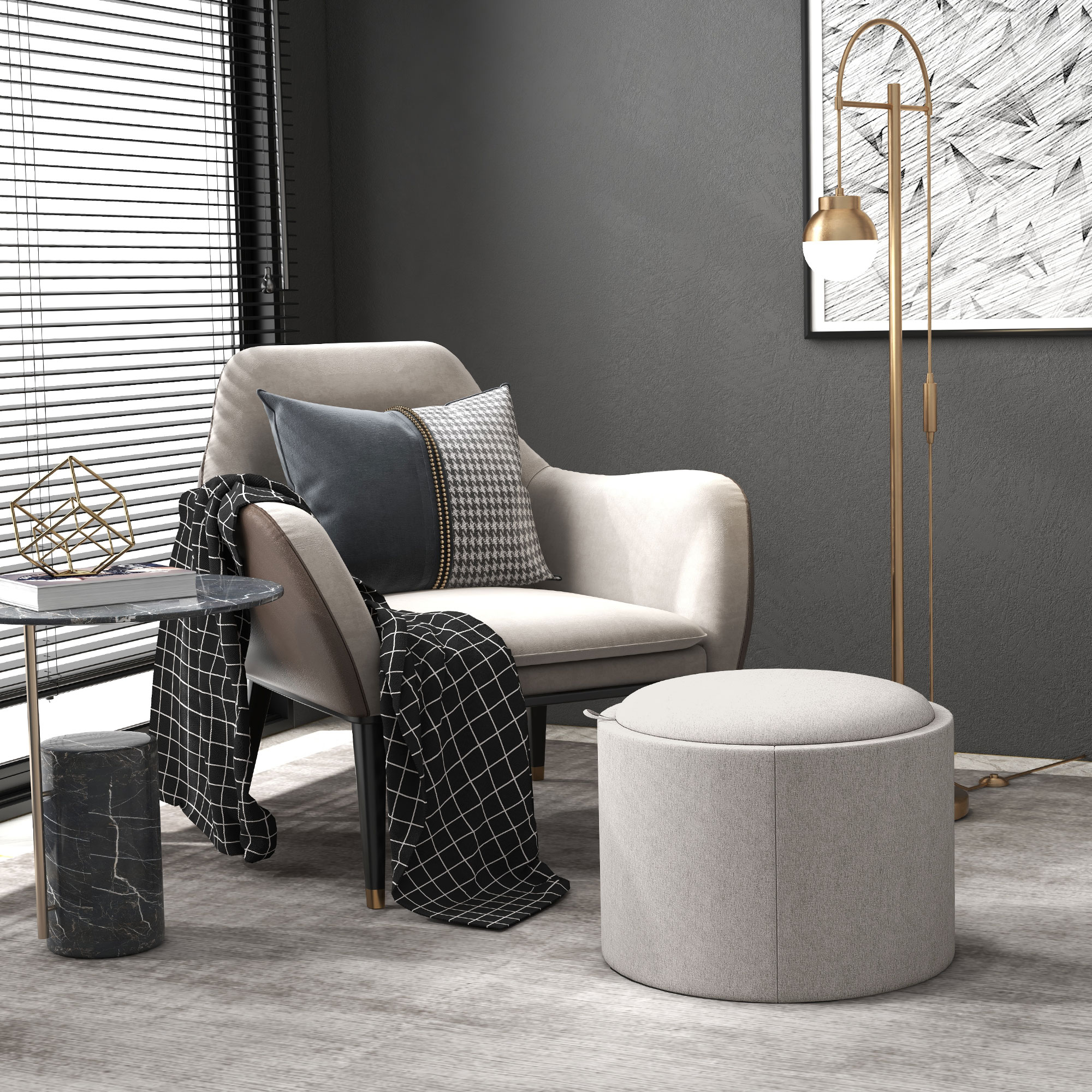 Hocker Polsterhocker, Leinen, versteckter Stauraum, umkehrbarer Deckel, 56cm x 56 cm x 42 cm, Hellgrau + Natur