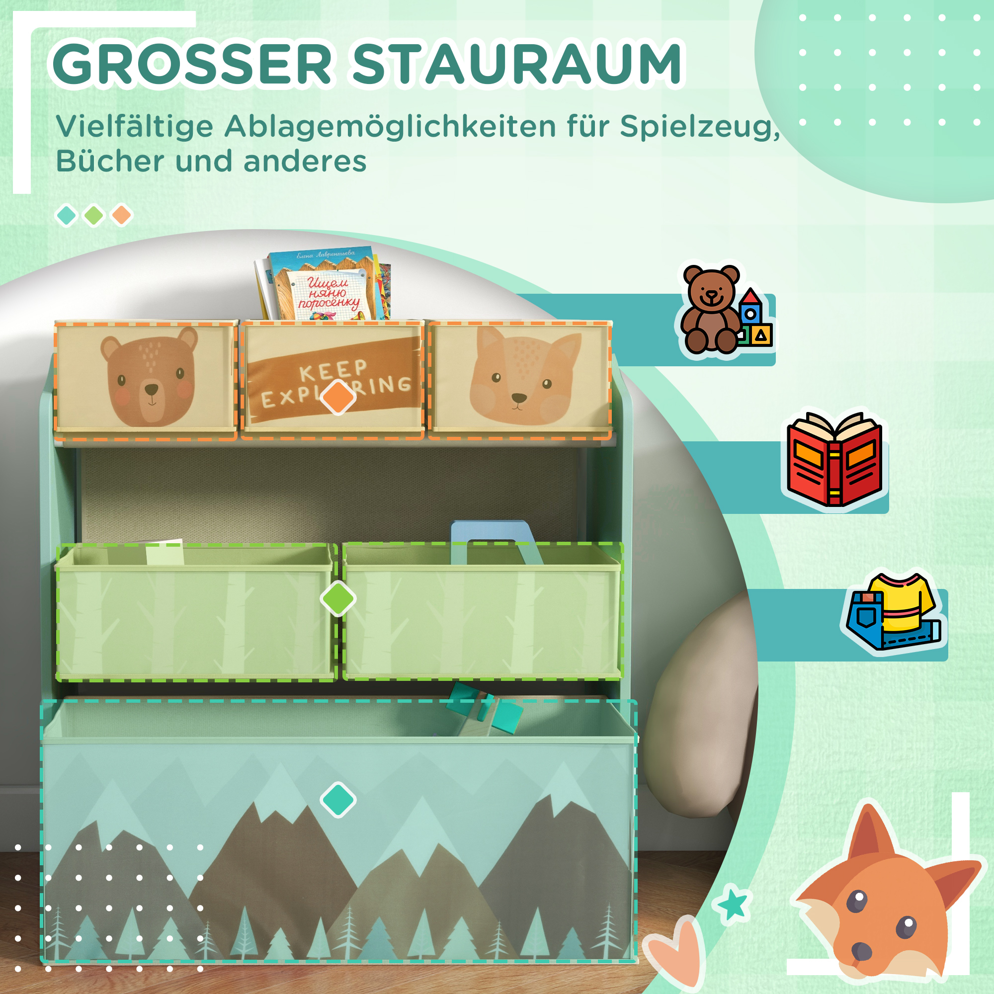 Kinderschrank mit 6 Stoffboxen, niedliches Motiv, 63x30x66 cm, Grün