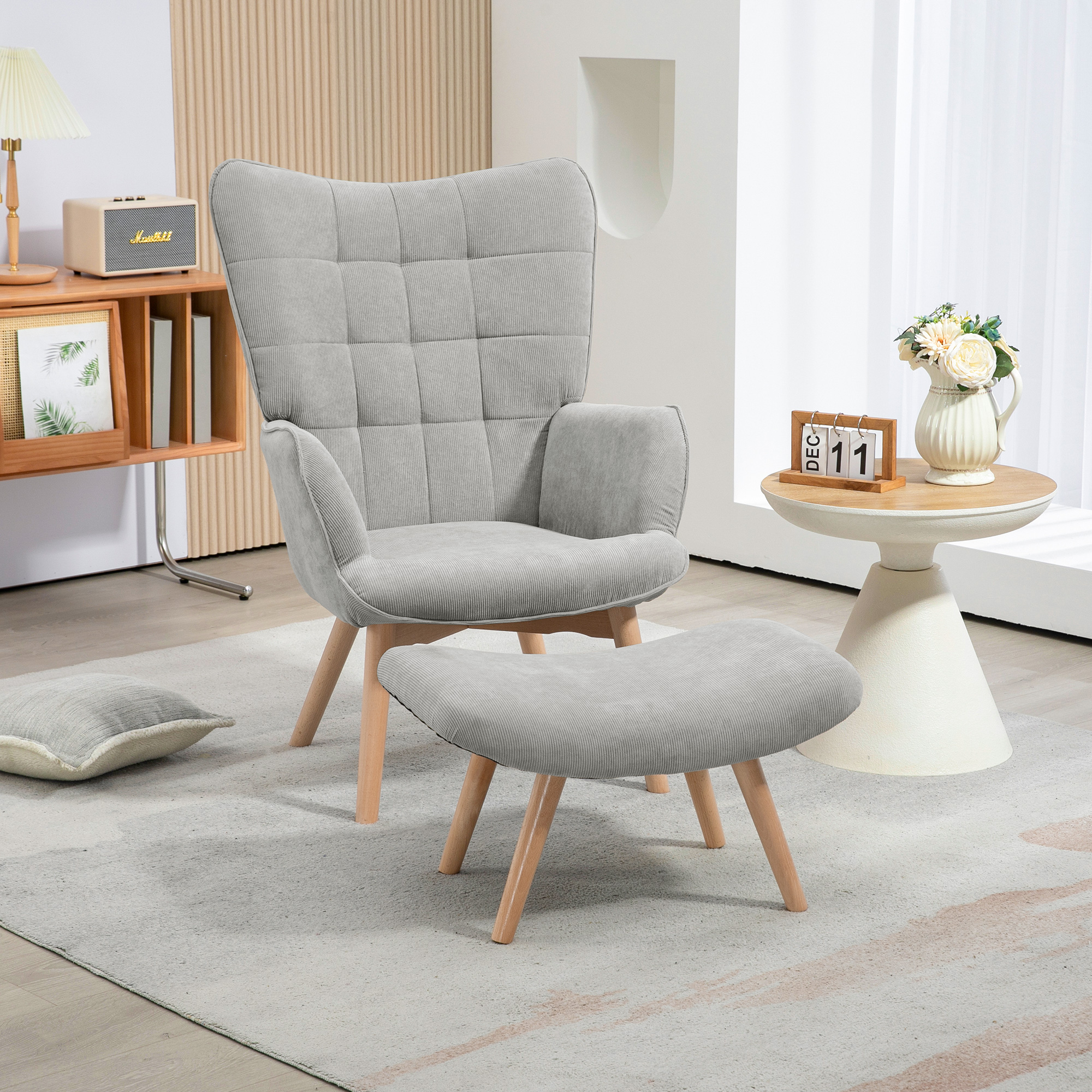 Akzentsessel mit Hocker, Relaxsessel in Cord-Optik, Armlehnstuhl mit Holzbeinen, für Wohnzimmer, Grau