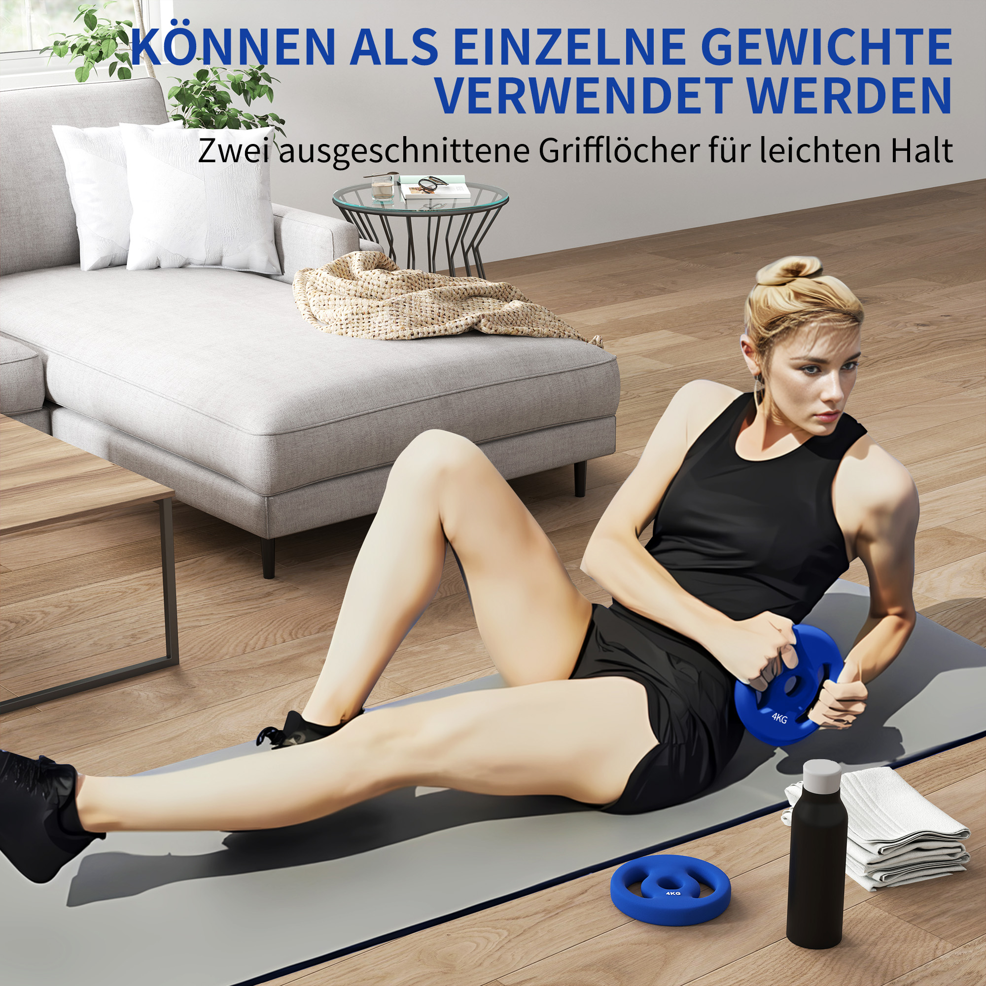 2 x 4 kg Gewichtsplatten mit praktischen Handgriffen, Gewichts-Set für Home-Gym, Fitnessstudio, Stärke-Training, Blau