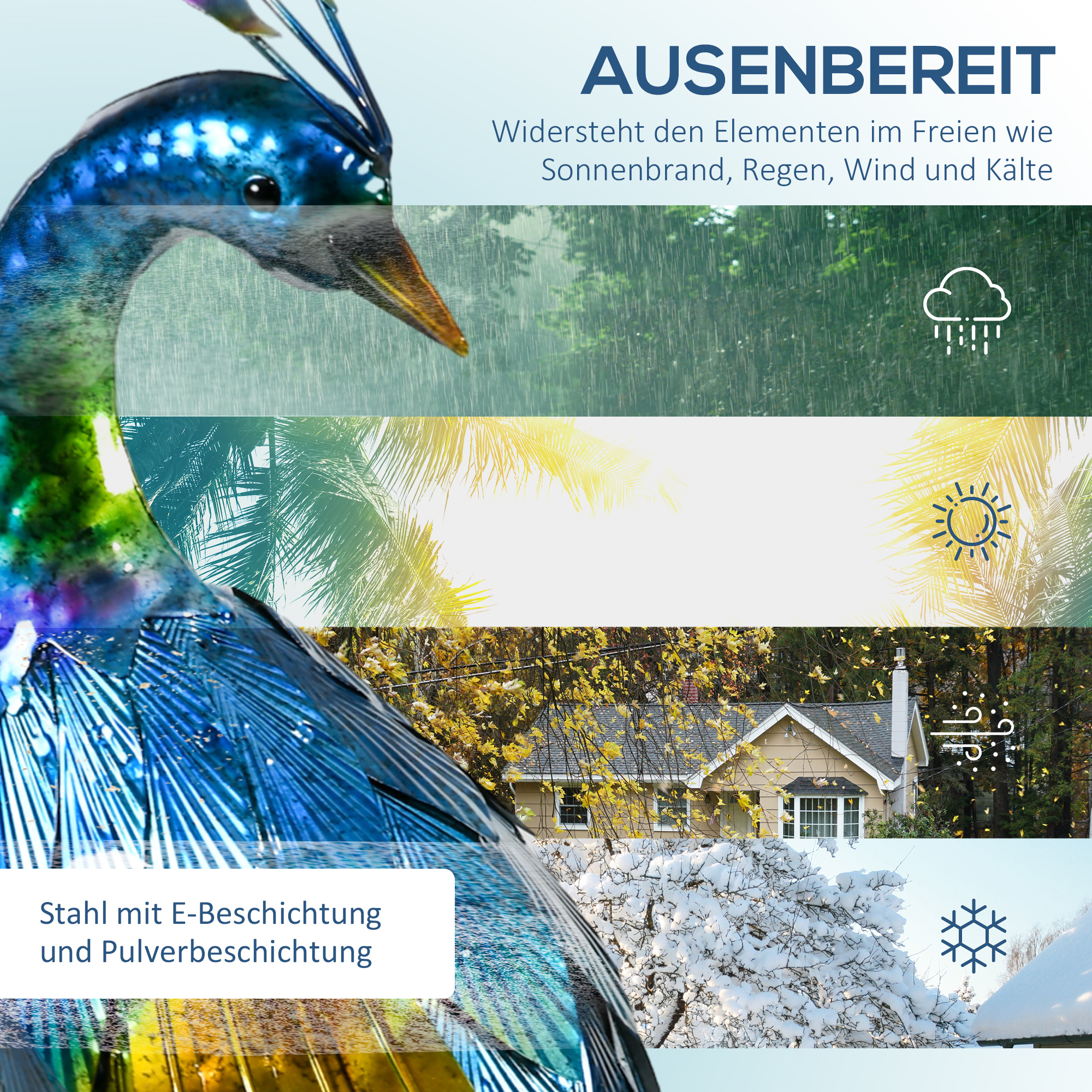 Gartenstatur Gartendekoration Pfau, 25 x 29 x 59 cm, Mehrfarbig