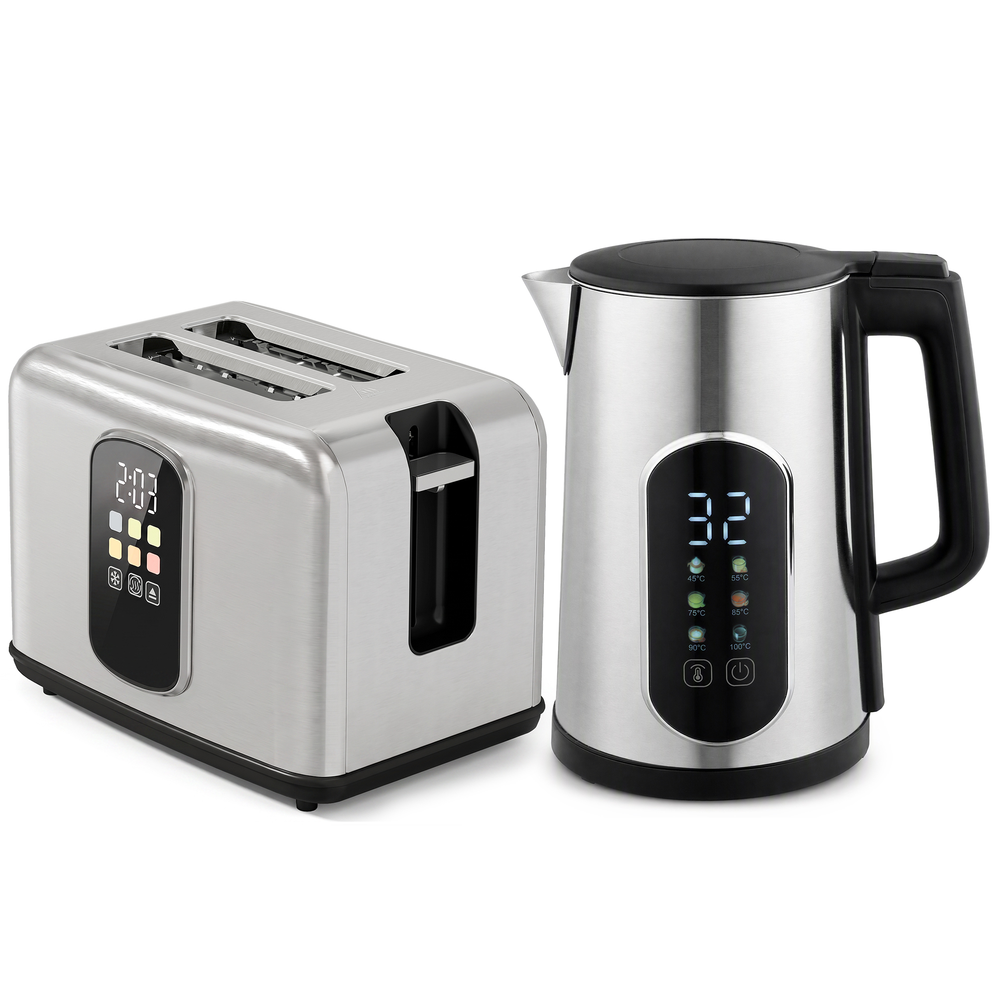 1,5-l-Wasserkocher, 2200 W, mit LED-Touchscreen, 2-Scheiben-Toaster mit 6 Bräunungsstufen, Silber