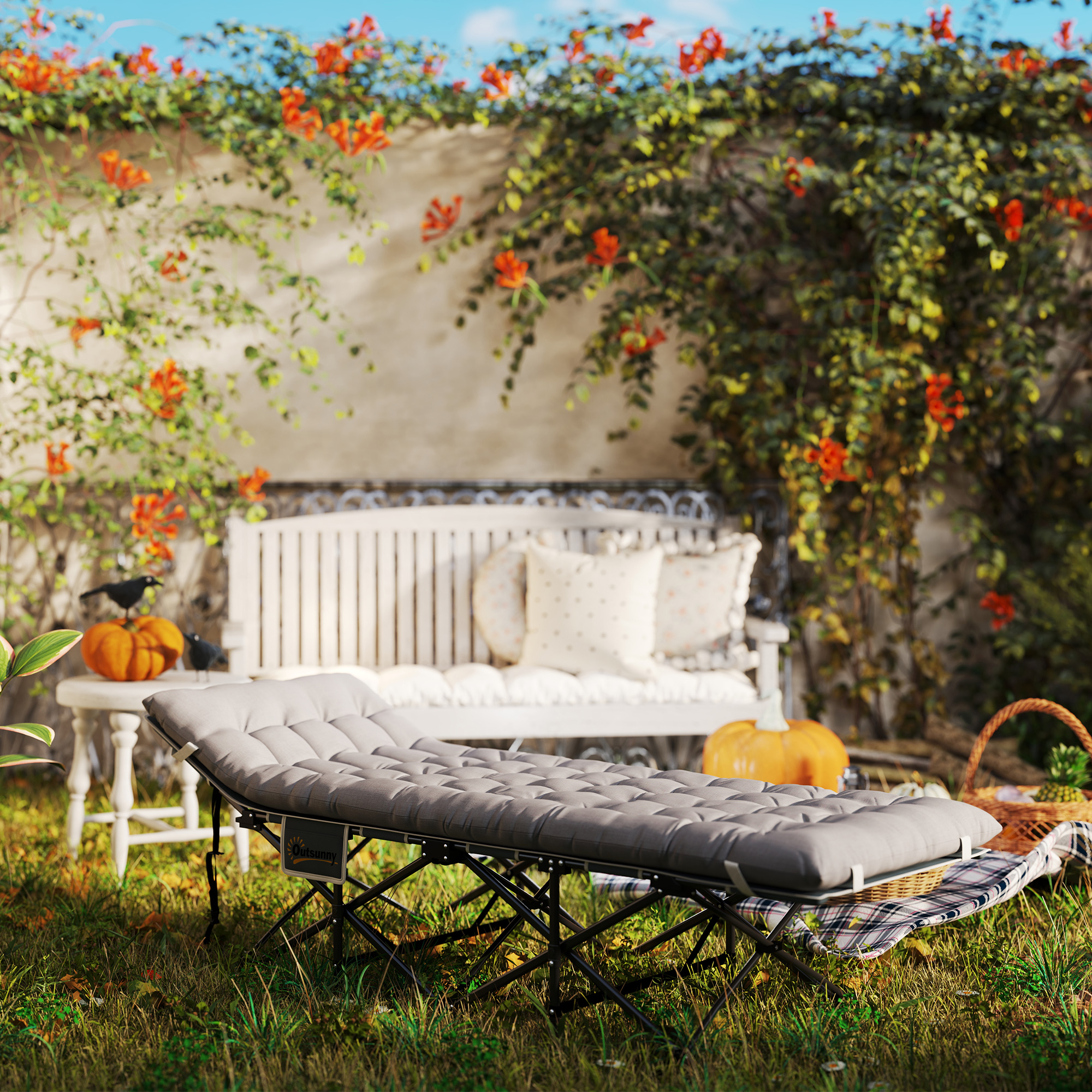 Feldbett faltbar Campingbett mit Matratze Kopfkissen Seitentasche 185 x 68 x 37 cm bis 150 kg Hellgrau