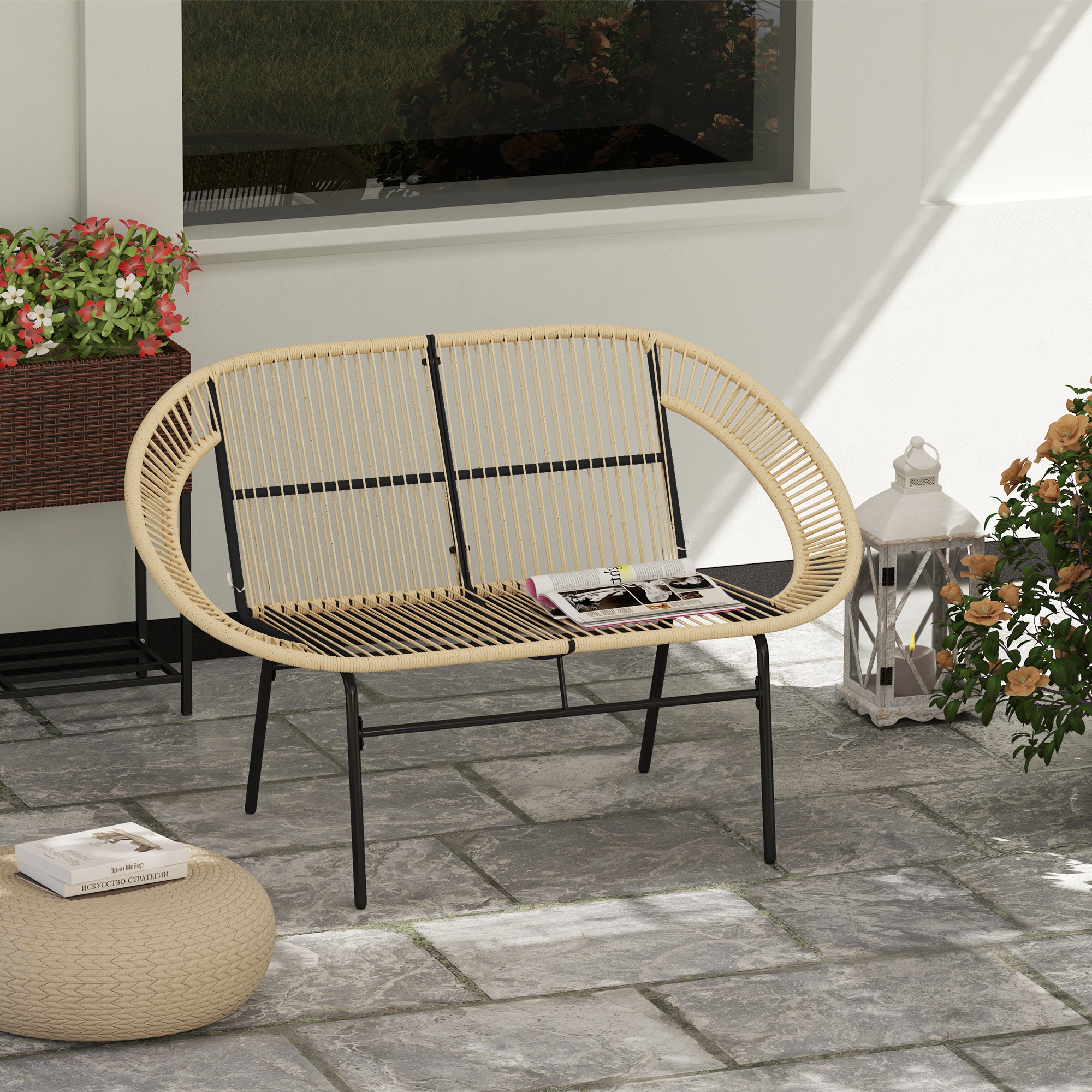2-Sitzer Gartenbank Polyrattan, wetterfest Sitzbank im Rattanflecht-Design, UV-Beständig 260kg belast Khaki