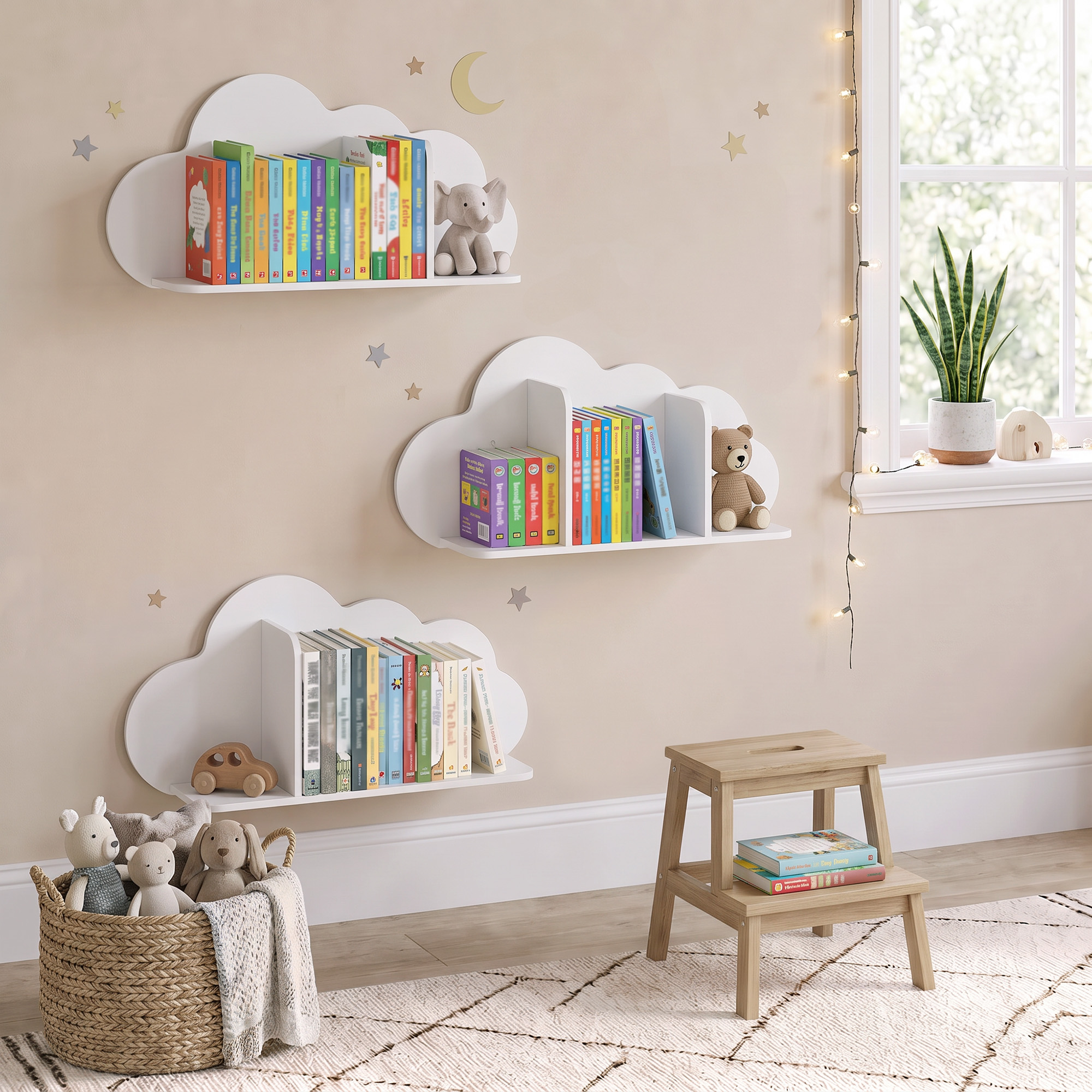 3er Set Wandregal Kinder 60cm Wand Bücherregal im Wolkenform Schwebende Bücherregal Montessori für 3–8 Weiß