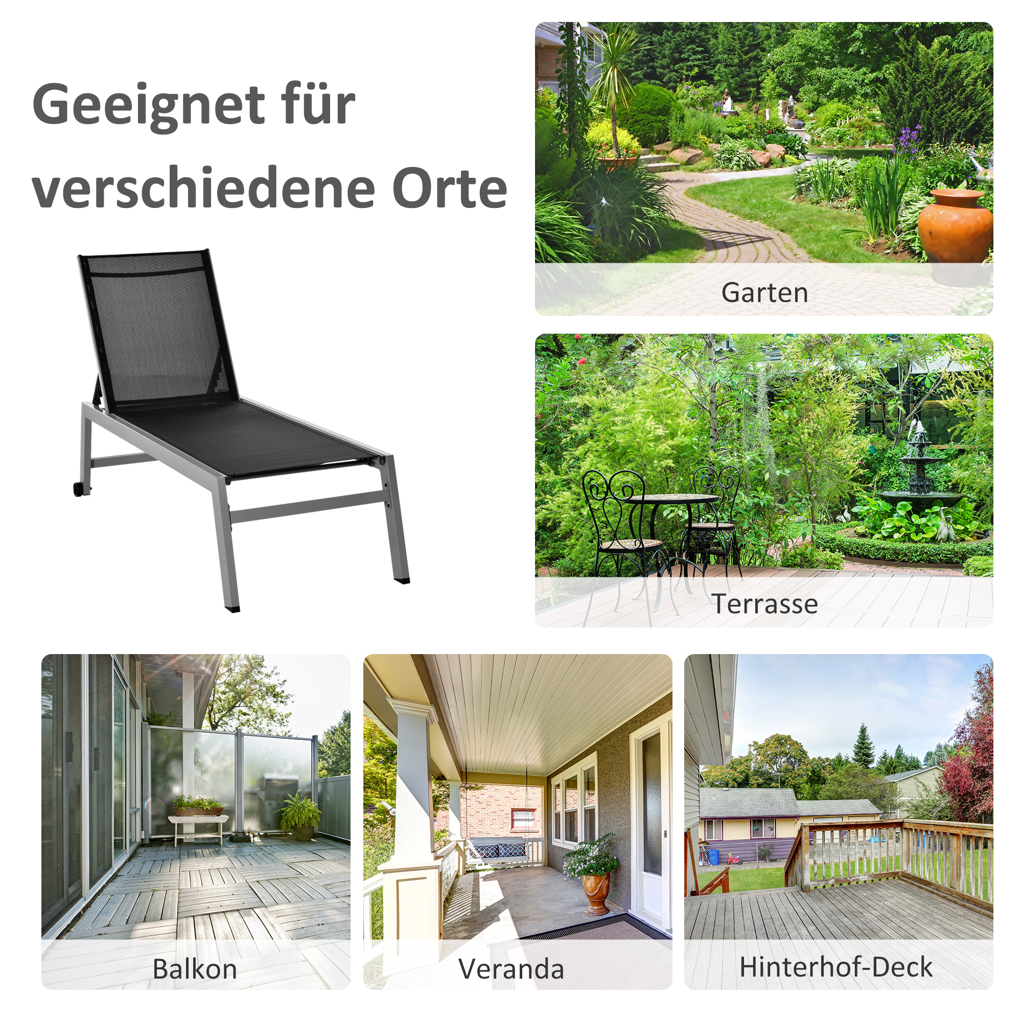 Sonnenliege, Gartenliege, 5-stufige Rückenlehne, Aluminium, Schwarz, 202 x 65 x 43 cm