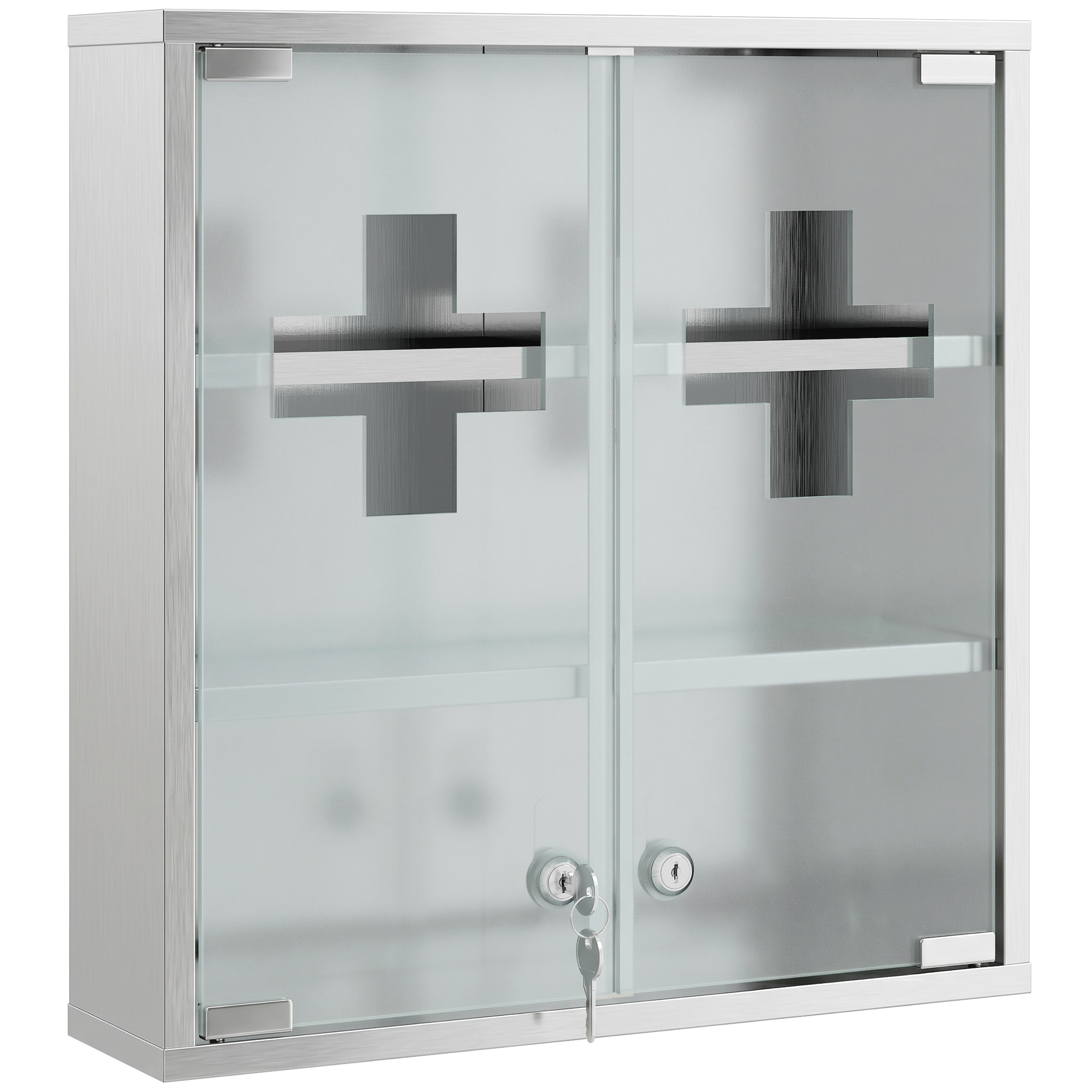 Medizinschrank, Abschließbarer Medikamentenschrank mit 2 Schlüsseln, Glastür und 6 Regalen, 48 x 46 x 12 cm, Silber