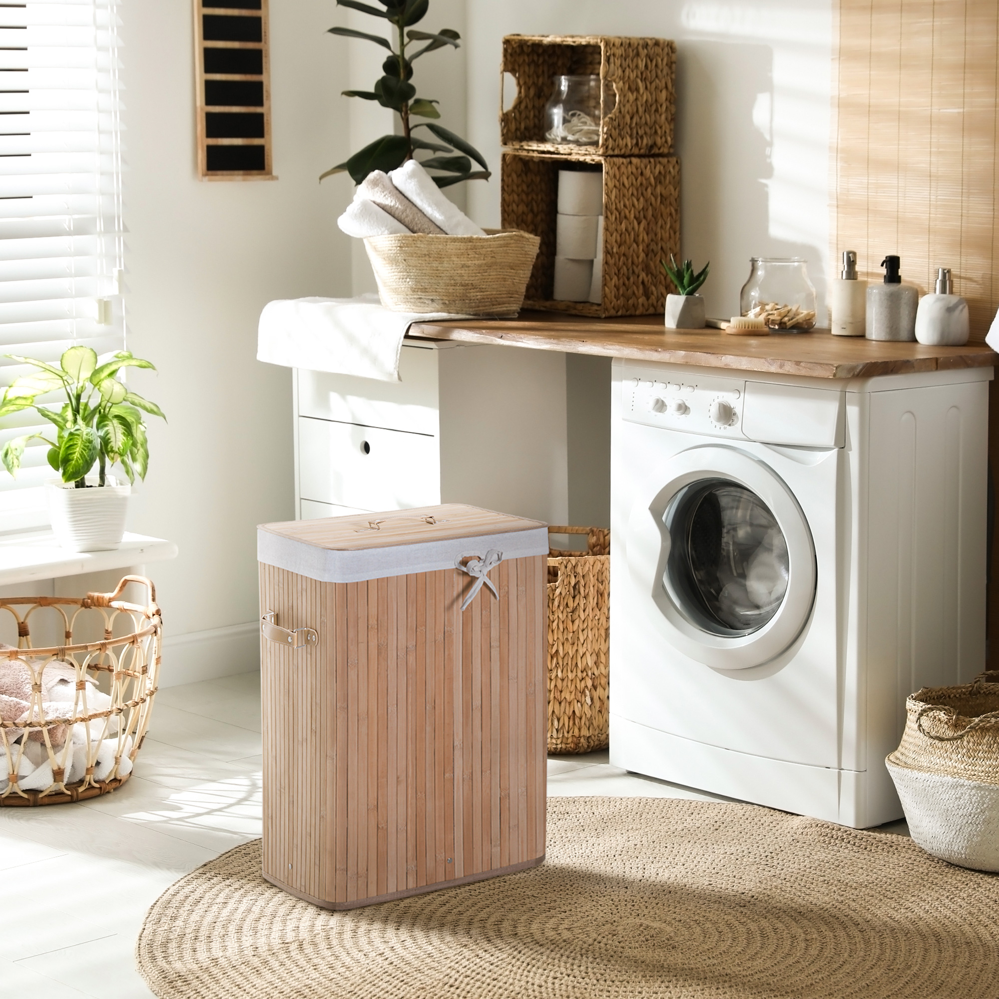 Wäschekorb schmal mit Deckel 72L Wäschesammler mit Griff, herausnehmbarer Wäschesack, Wäschebox für Waschküche Schlafzimmer Badezimmer, Natur