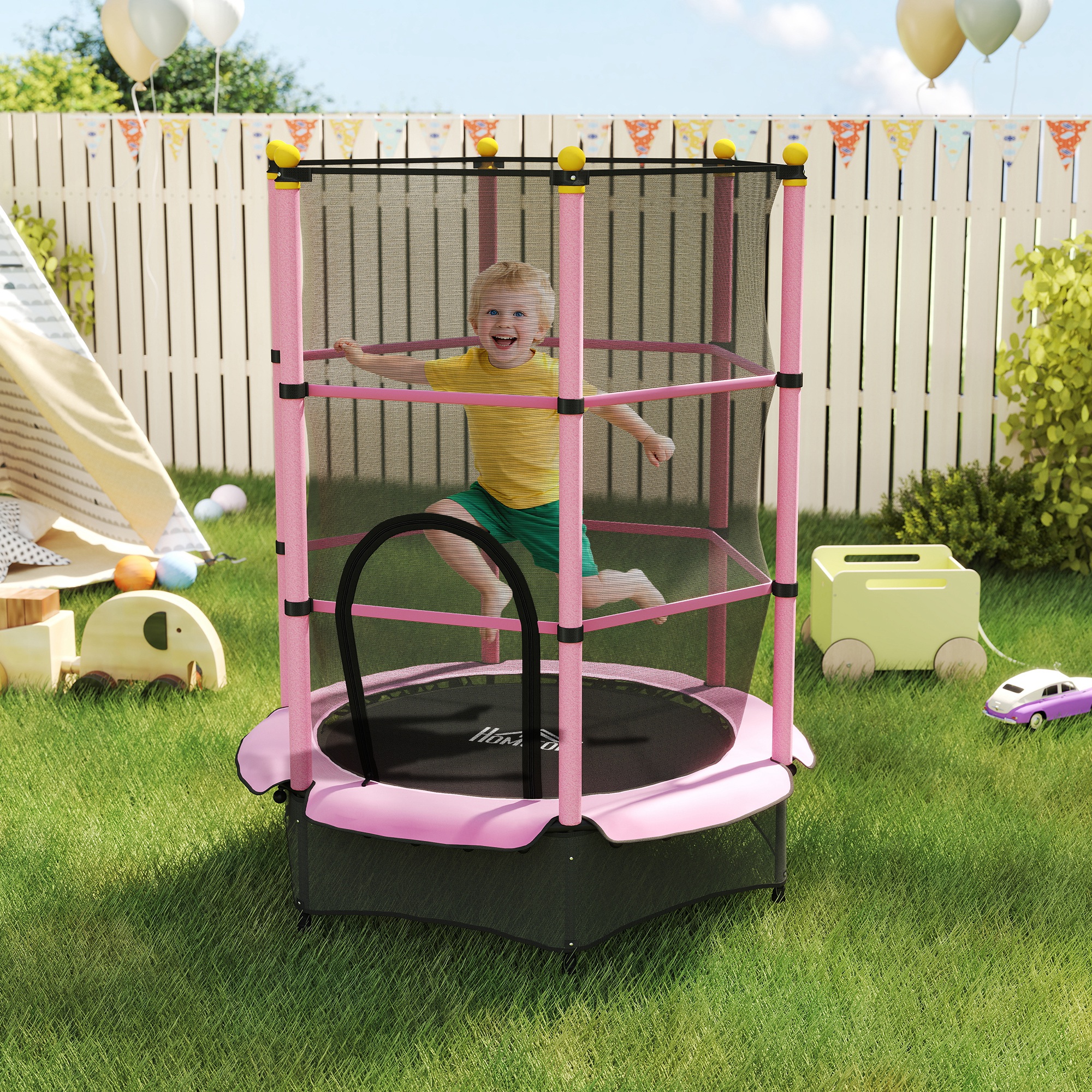 Trampolin für Kinder, Ø140 cm, mit Sicherheitsnetz, für innen und außen, Stahl, Kunststoff, belastbar bis 50 kg, Rosa