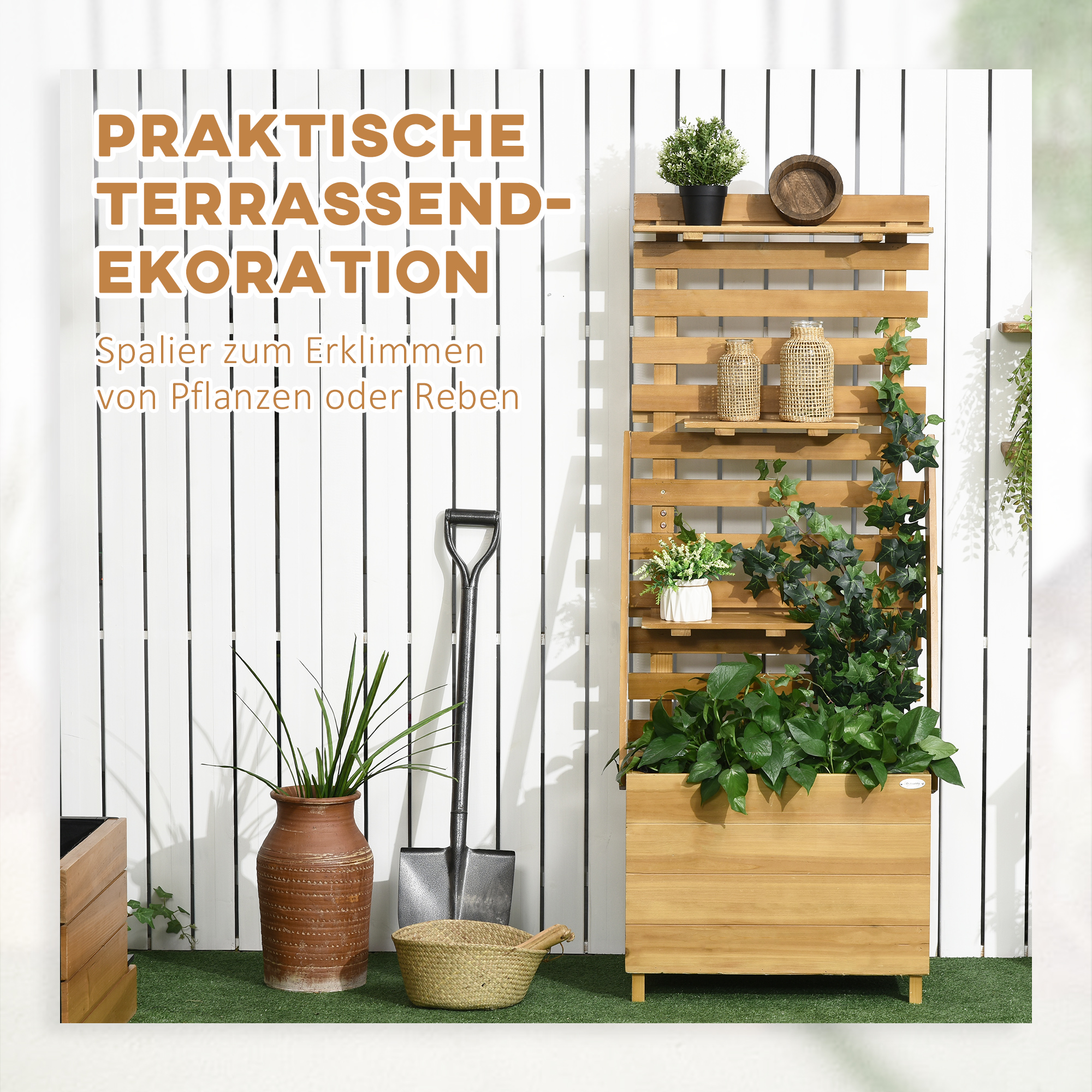 Hochbeet mit 3 Schubladen, inkl, Rankhilfe, wetterbeständig, Massivholz, 63 cm x 39 cm x 160 cm, Natur