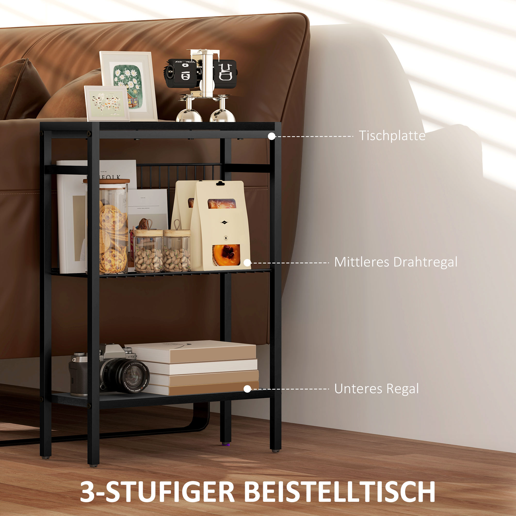 Beistelltisch, 3-stufiges Design, Regale in Holzoptik, Stahlrahmen, Schwarz