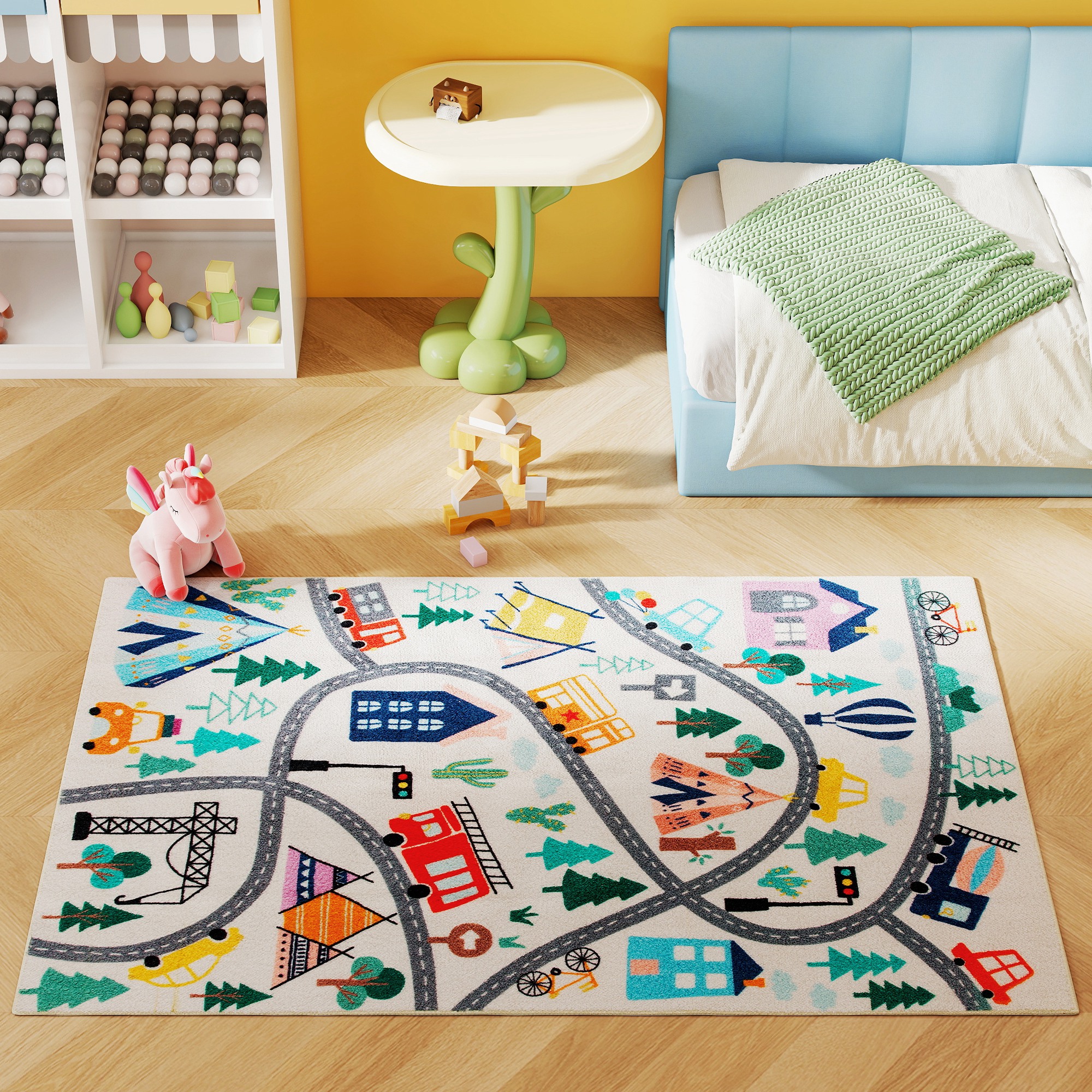 Teppich mit Autobahn-Muster, weißer Hintergrund, weiches Fleece, pflegeleicht, Bunt