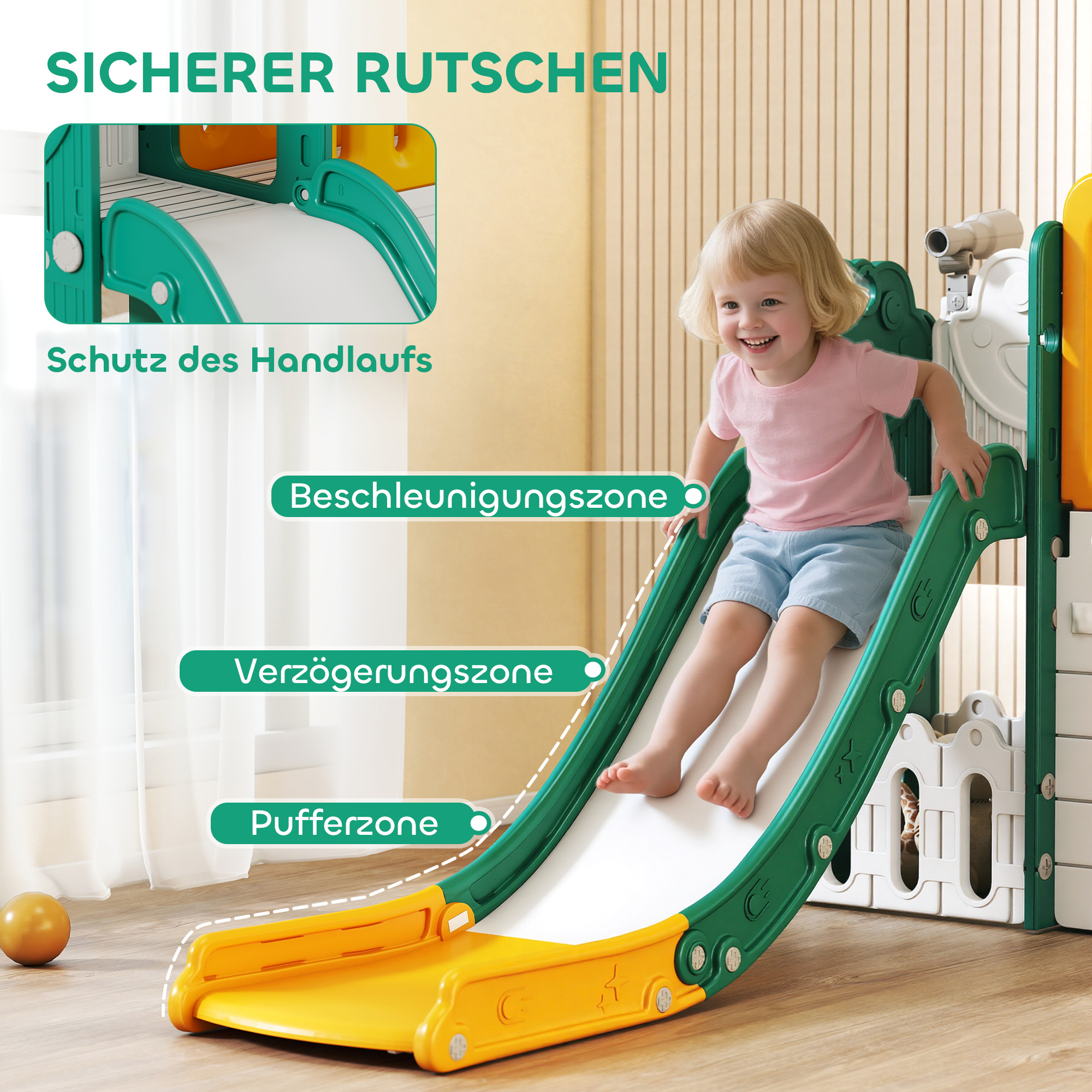 7-in-1 Kinderrutsche, Indoor-Spielplatz, Klettergerüst, Haus, Tafel, Basketballkorb, 1-4 Jahre, Kunststoff, Gelb+Grün