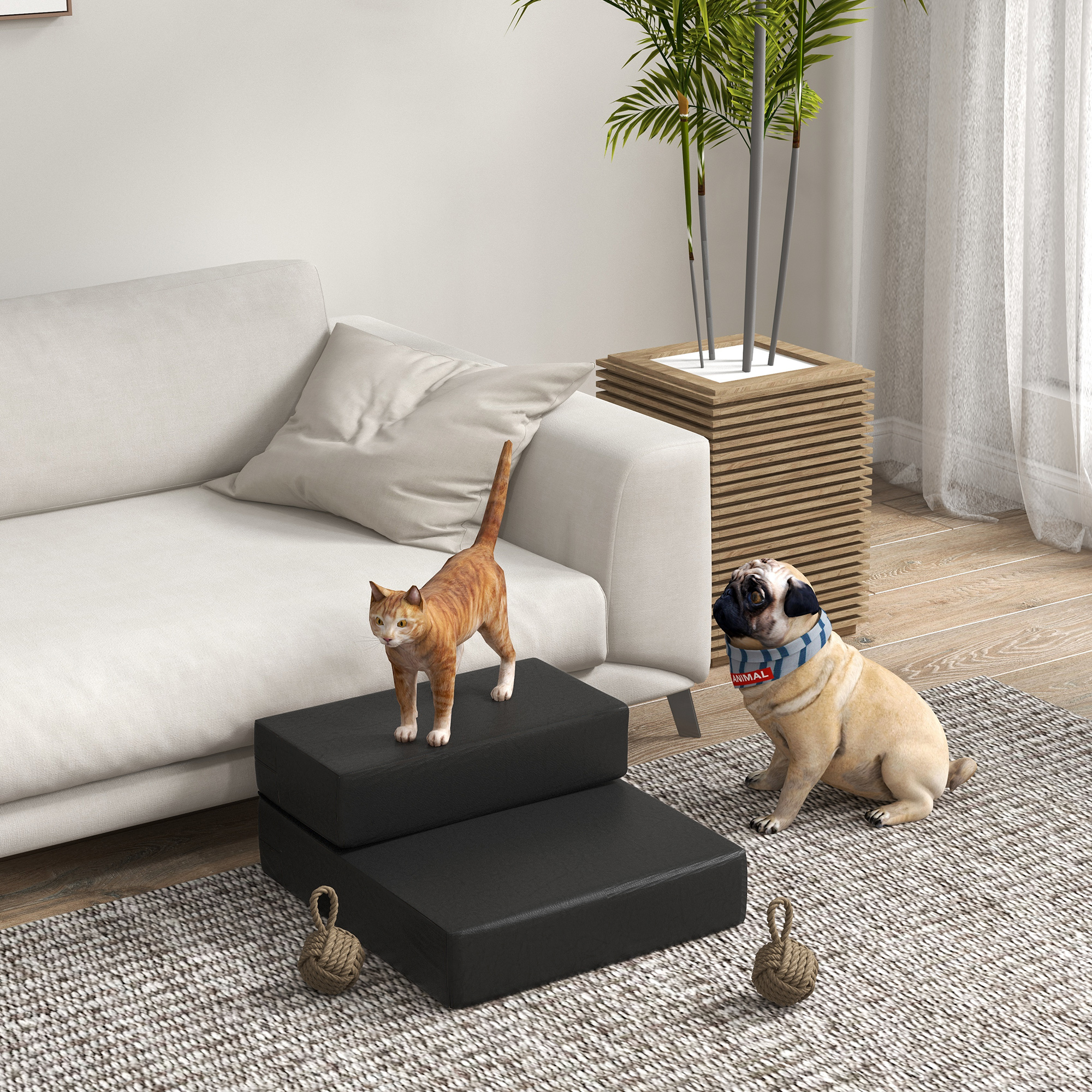 Haustiertreppe Tierunterlage 2 Stufen Klappbar Hundetreppe Treppe Unterlage für Katzen und Hunde Schwarz L45 x B39 x H20 cm