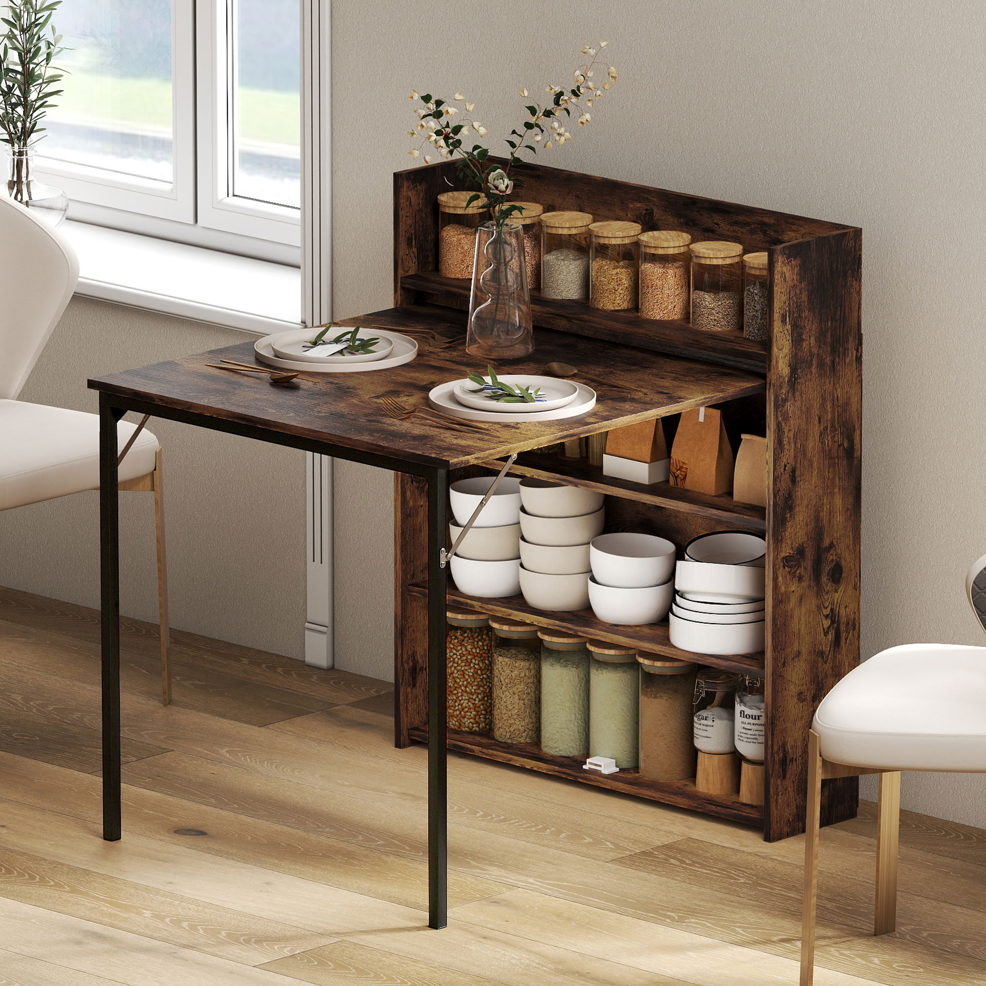 Esstisch, klappbar mit Regal, Industrie-Design, Platzsparend, Für Kleine Räume, 80x90x93cm, Rustikal-Braun