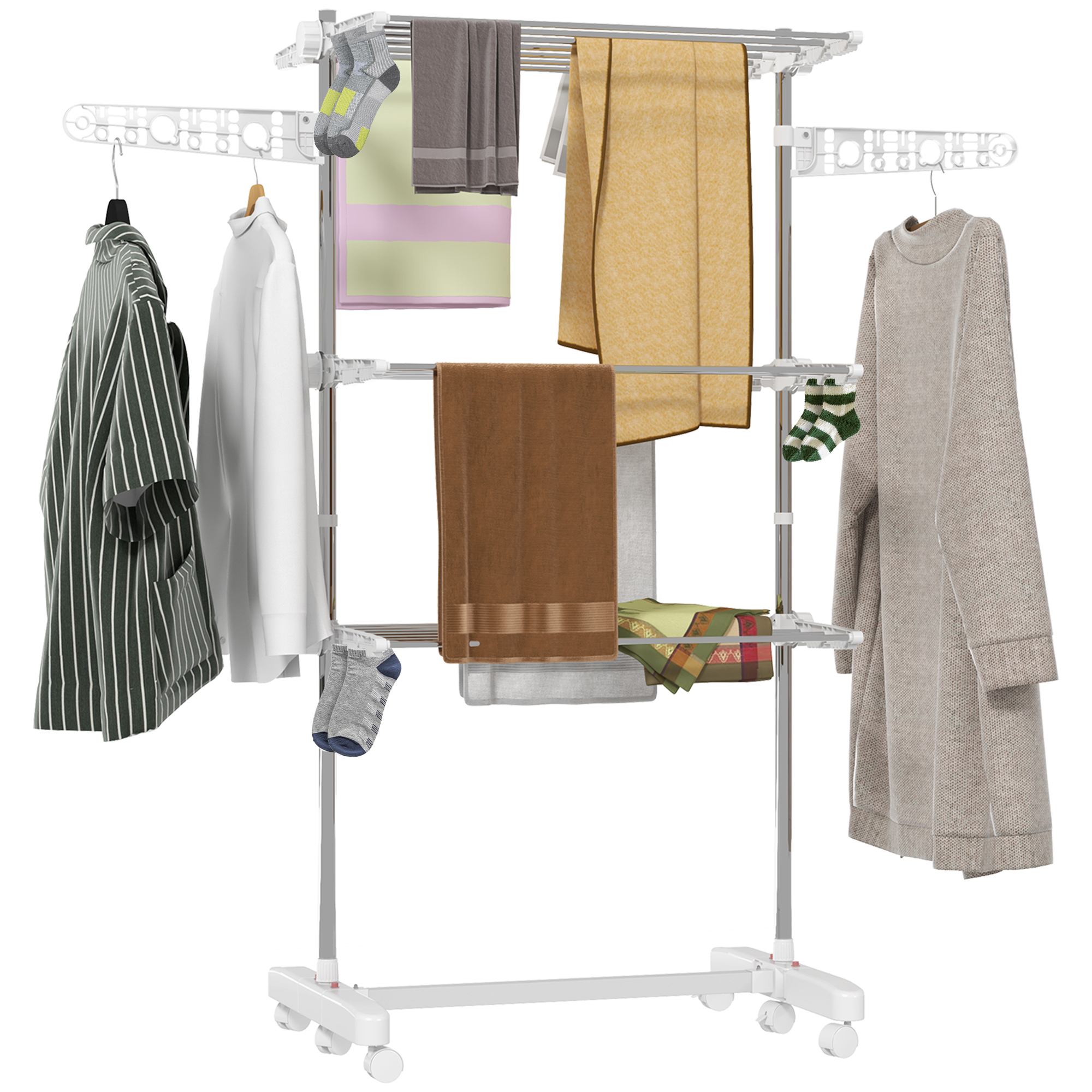 Mobiler Wäscheständer, Wäschetrockner, 3 Ebenen, klappbar, Silber + Weiß Mobiler Wäscheständer, Wäschetrockner, 3 Ebenen, klappbar, Silber + Weiß