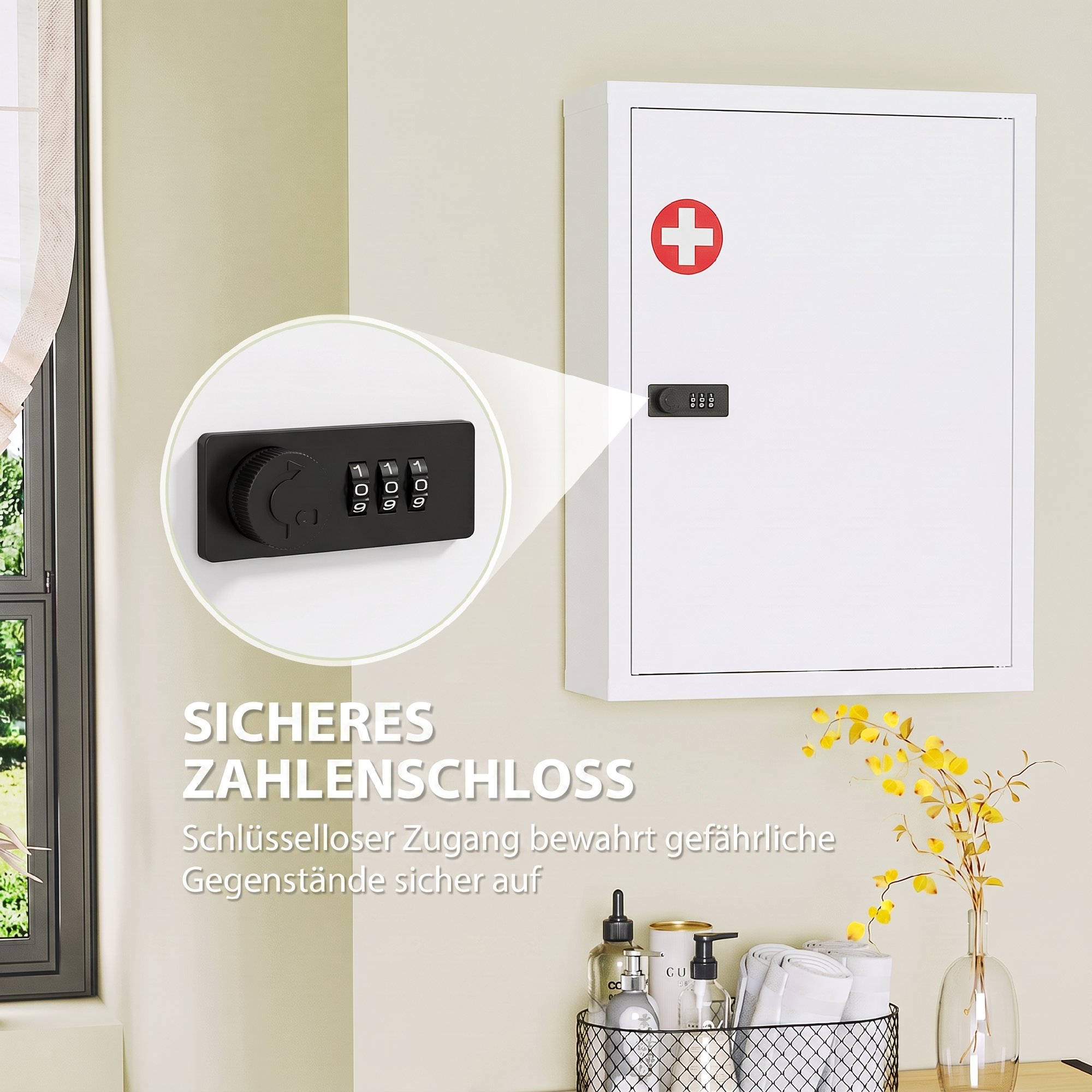 Medizinschrank zur Wandmontage, Badezimmerschrank mit Zahlenschloss, Tür und Ablagefächern, Weiß