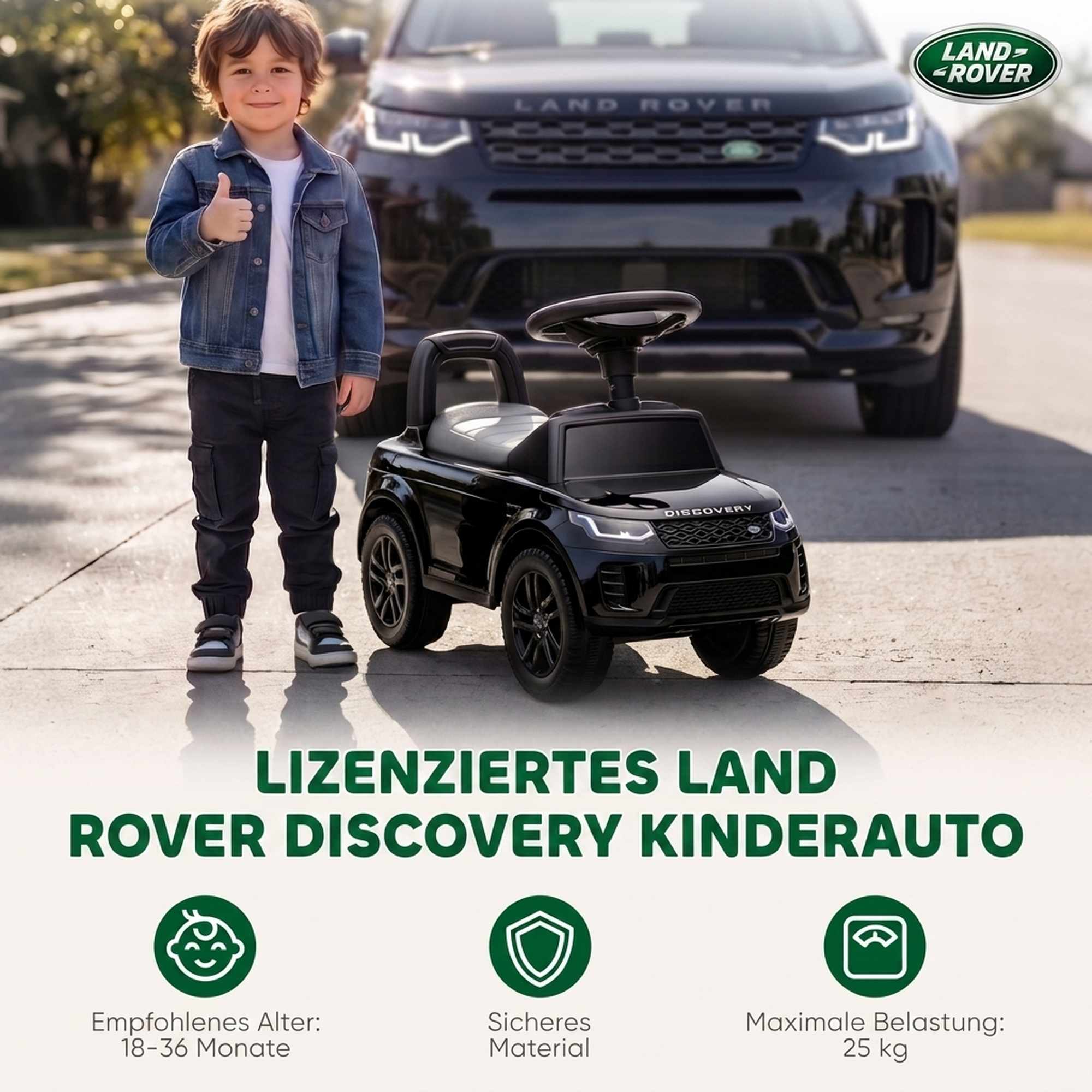 LAND ROVER DISCOVERY Rutschauto, Rutschfahrzeug mit Hupe, Motorgeräuschen Stauraum unter dem Sitz 18-36 Monaten Schwarz