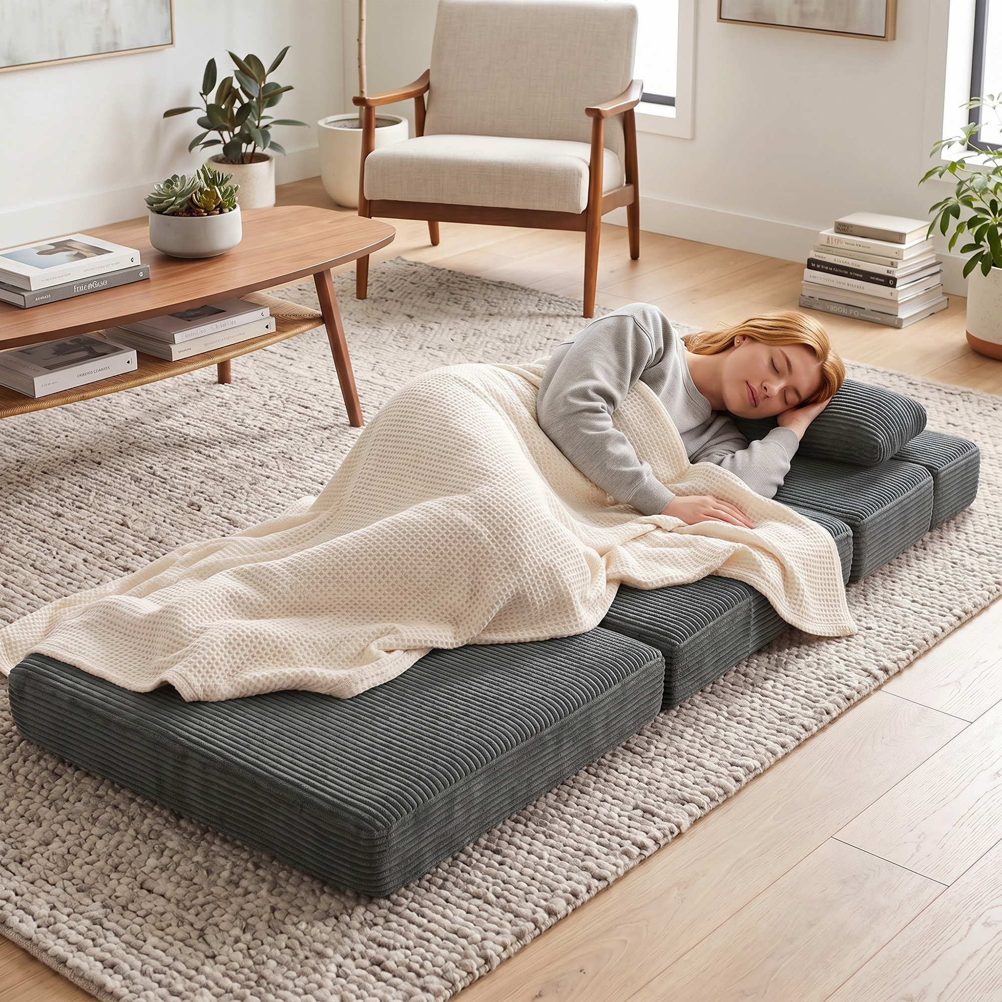 Bodenstuhl mit Rückenstütze, Cord Boneless Cloud Faltbares Schlafsofa mit dickem Polster, Dunkelgrau