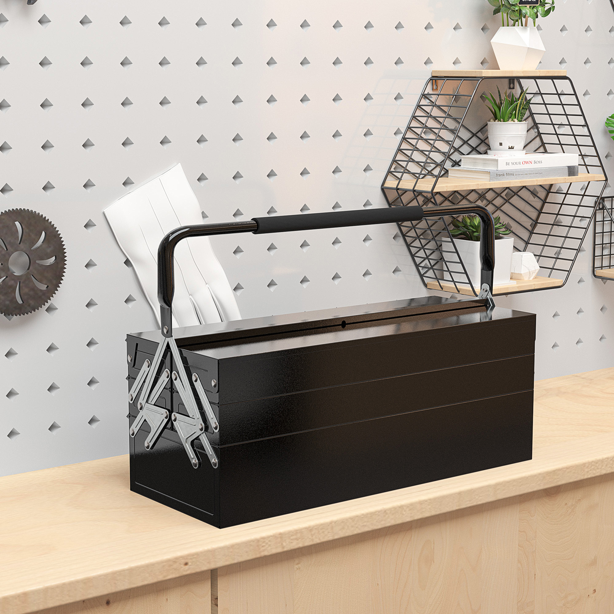 Werkzeugkiste, Werkzeugkoffer mit 3 Etagen, Stahl, 56L x 20B x 41H cm, Schwarz