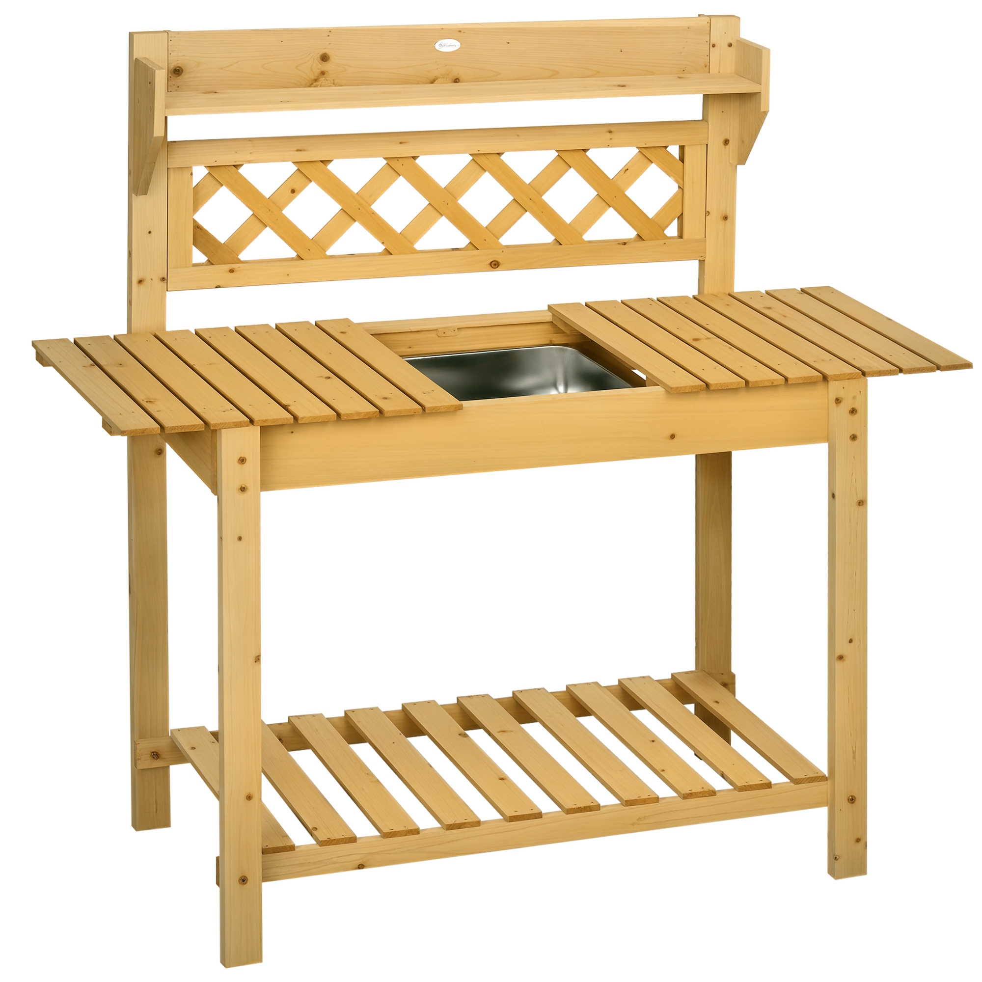 Garten-Arbeitstisch, integriertes Edelstahl-Spülbecken, 2 Ablagen, Massivholz, braun, 92 x 45 x 120 cm Garten-Arbeitstisch, integriertes Edelstahl-Spülbecken, 2 Ablagen, Massivholz, braun, 92 x 45 x 120 cm