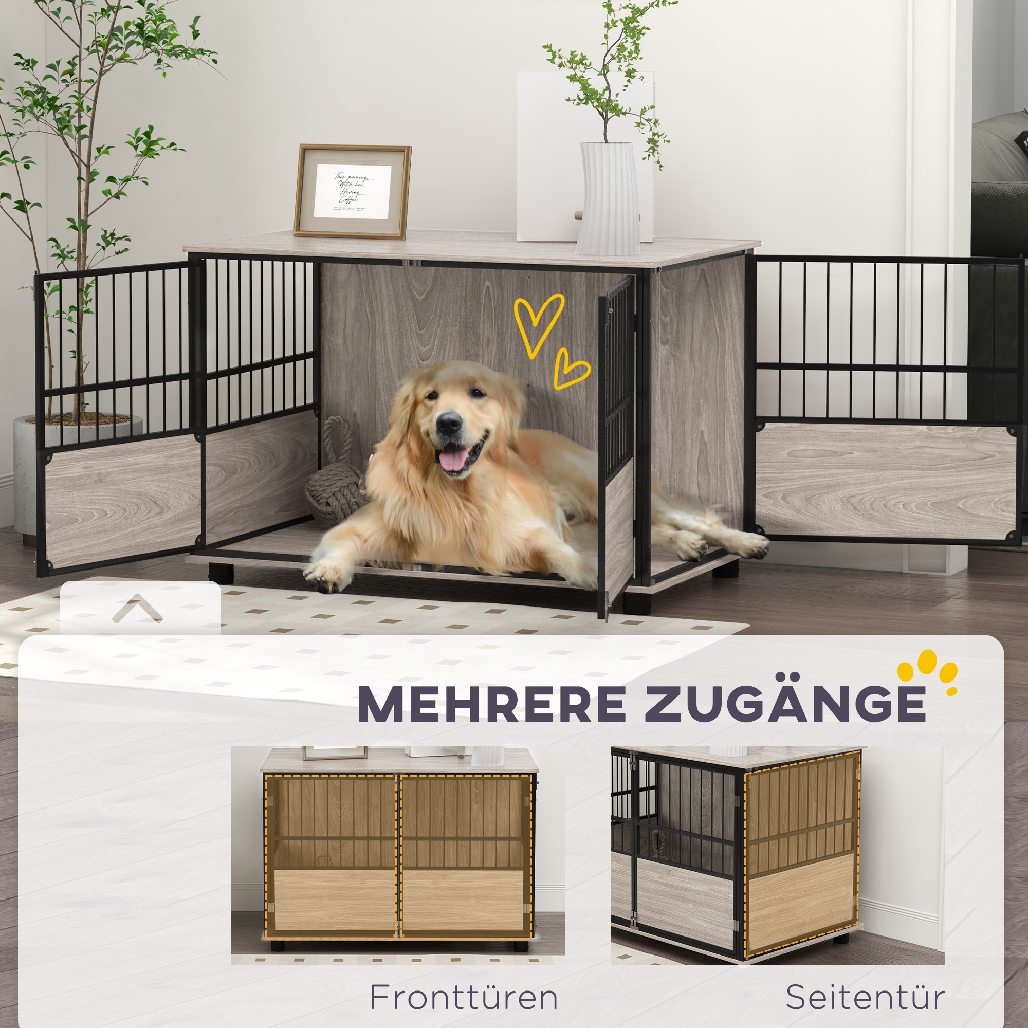Hundebox, robust & stilvoll, 100x60x68cm, Walnussholz-Finish & Schwarz