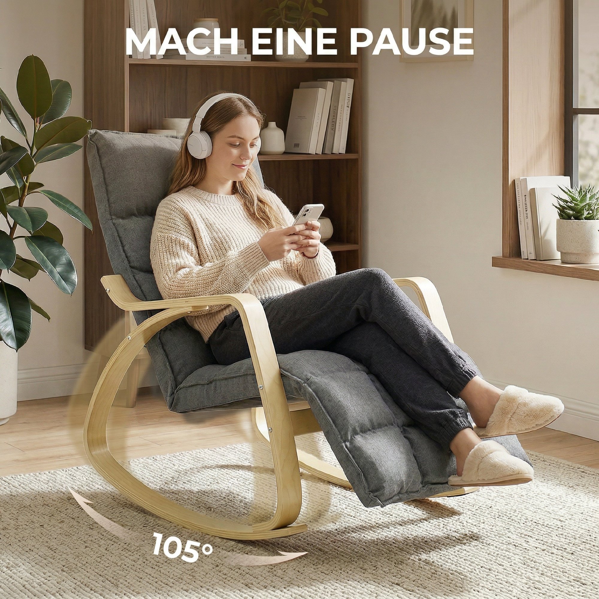 Schaukelstuhl mit verstellbarer Fußstütze, gepolsterter Relaxstuhl, Grau