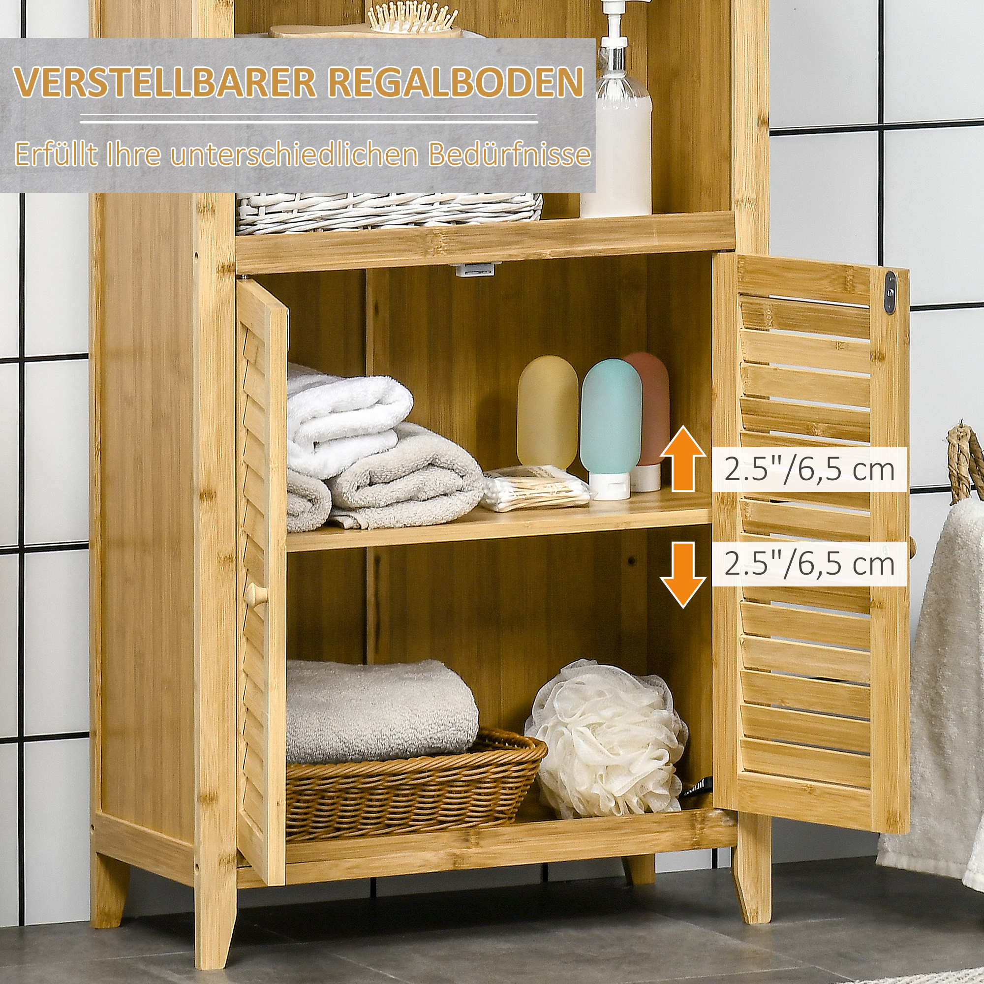 Badezimmerschrank Badschrank Standregal mit 2 Lamellentüren, offenem Regal, Bambus, Aufbewahrungsschrank Schrank für Badezimmer, Wohnzimmer 50 x 25,5 x 92cm Natur