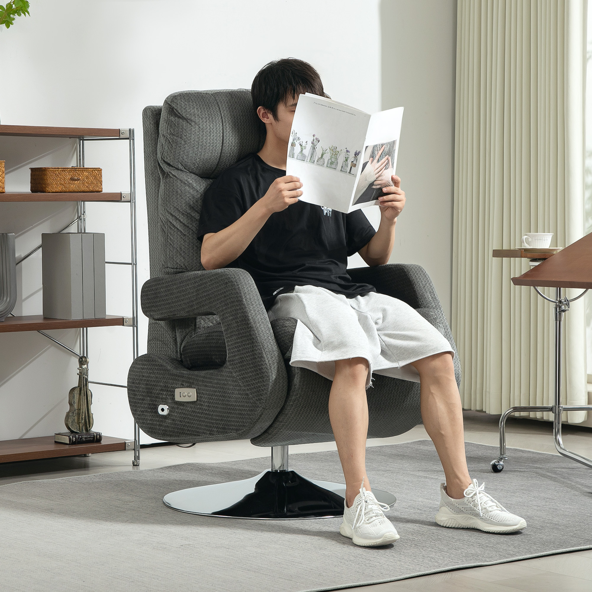 Recliner-Sessel, Elektrischer Polstersessel mit USB-Anschluss und Fußstütze, Samtoptik, drehbar, verstellbar, Grau