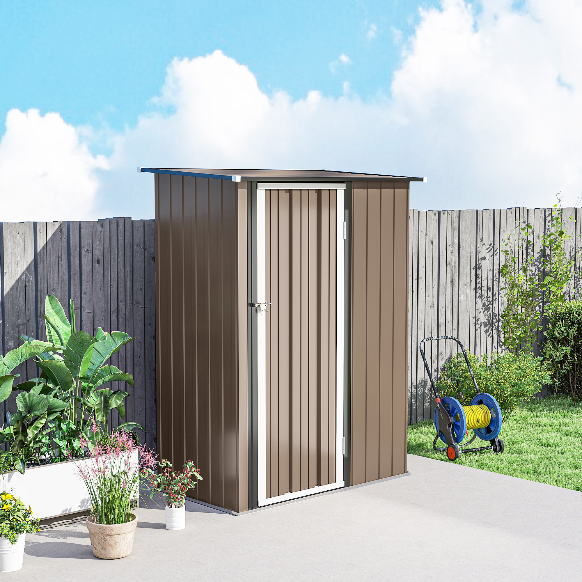 Gerätehaus 1,07 m² mit Schrägdach, 142 x 86 x 189 cm Geräteschuppen mit abschließbar Tür, Gartenhaus, Stahl, Braun