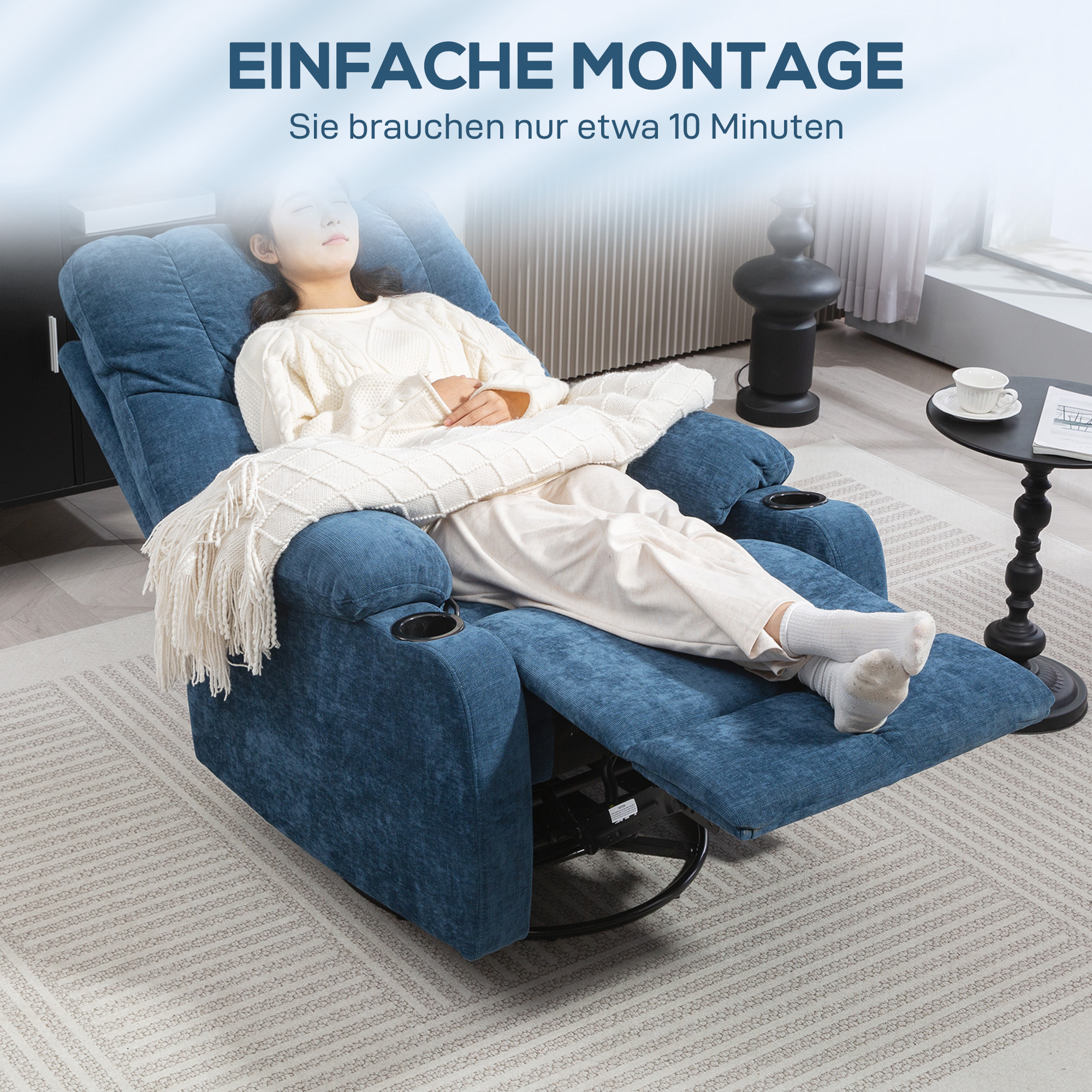 Relaxsessel mit Fußstütze, Liegesessel, drehbar, bis 150 kg, Stahlrahmen, 88x96x108cm, Dunkelblau